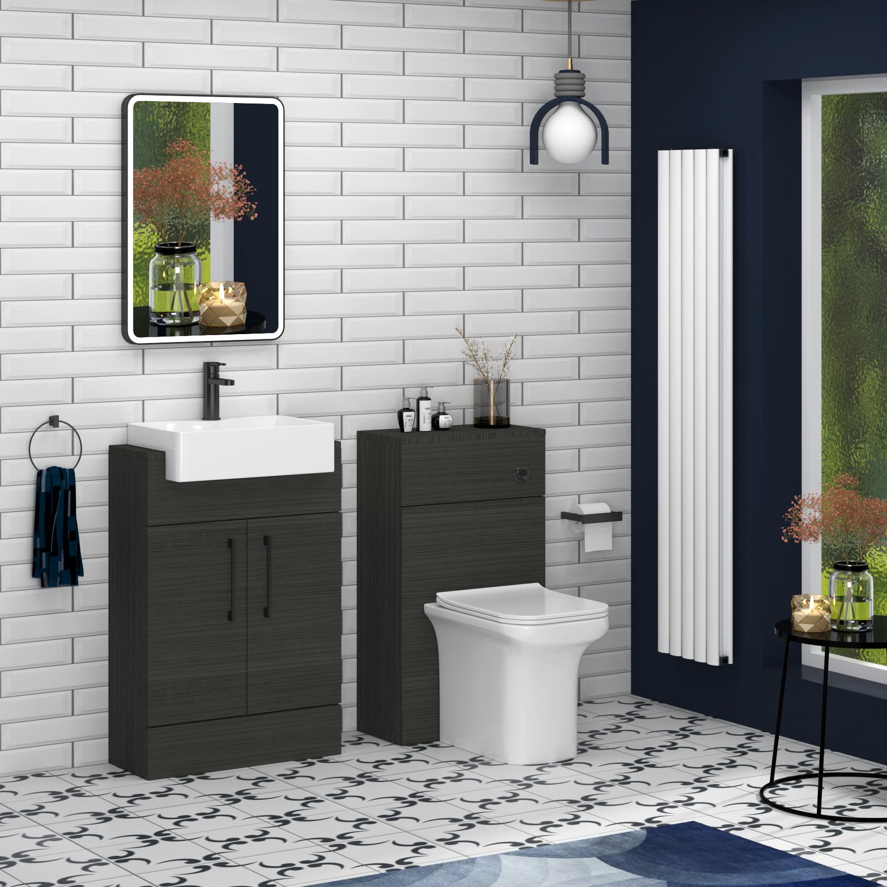 Elena 600mm Charcoal Oak Floor Standing Vanity Unit with 2 Door Black Handle & Semi Recessed Basin