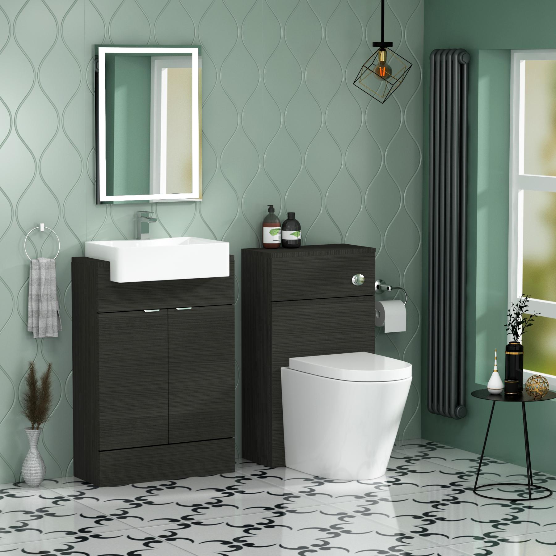 Elena 600mm Floor Standing Vanity Sink Unit Charcoal Oak 2 Door With Semi Recessed Basin