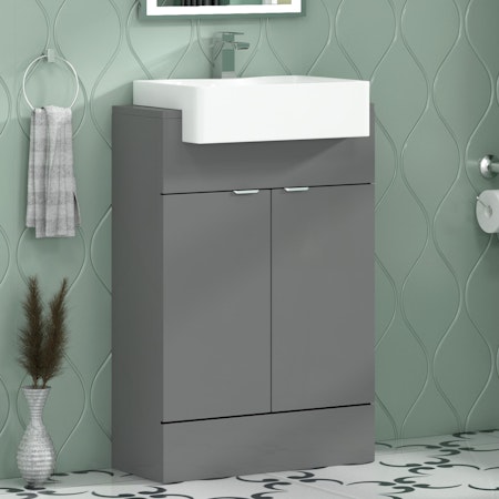 Elena 600mm Floor Standing Vanity Sink Unit Indigo Grey Gloss 2 Door With Semi Recessed Basin