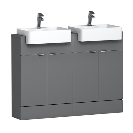 1200mm Floor Standing Vanity Sink Unit Indigo Grey Gloss 4 Door With Semi Recessed Double Basin - Elena