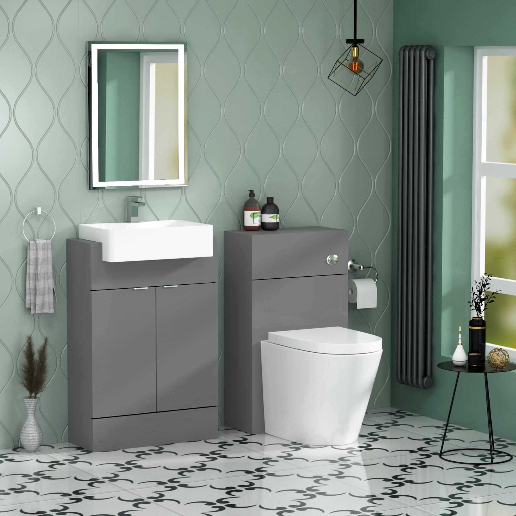 Elena 600mm Floor Standing Vanity Sink Unit Indigo Grey Gloss 2 Door With Semi Recessed Basin