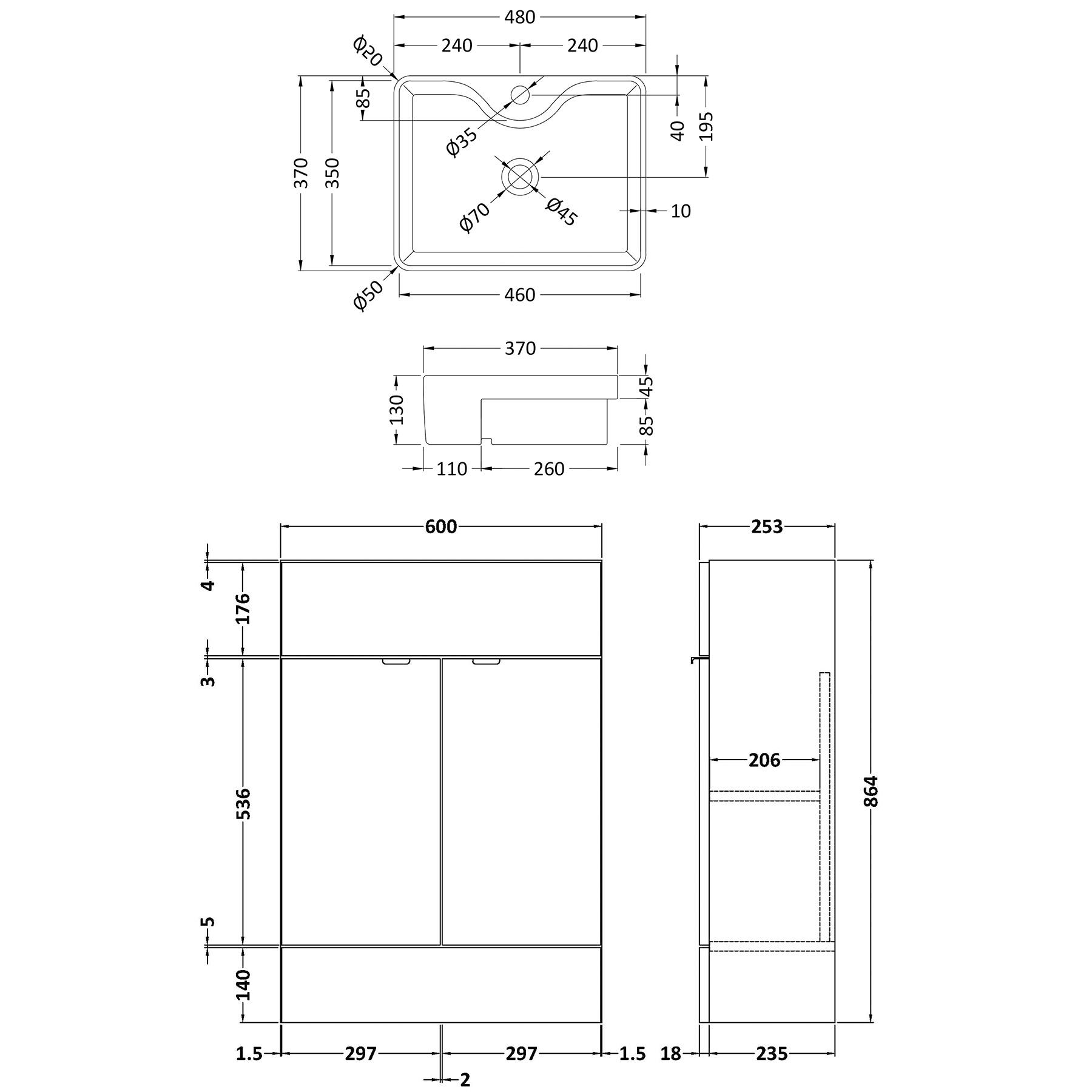 Elena 600mm Floor Standing Vanity Sink Unit Gloss White 2 Door With Semi Recessed Basin