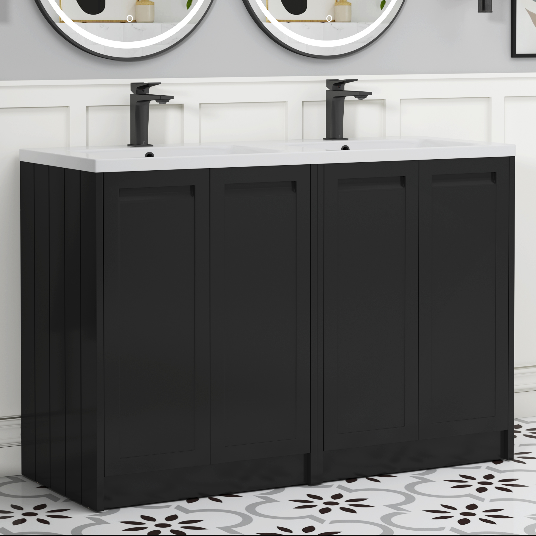 Elmore 1200mm Traditional Floor Standing 4 Door Vanity Unit with Ceramic Basin - Matt Nocturne Black