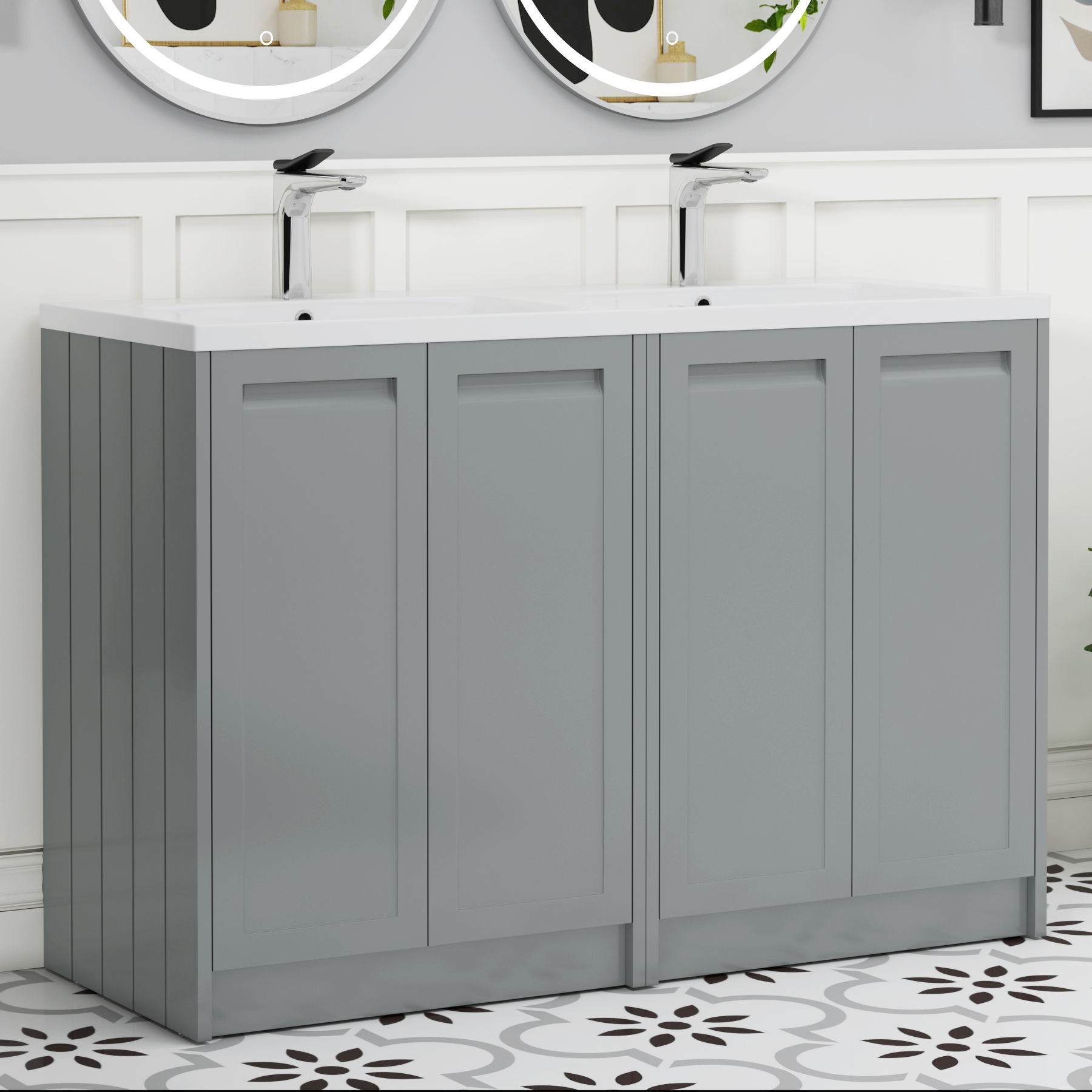 Elmore 1200mm Traditional Floor Standing 4 Door Vanity Unit with Ceramic Basin - Matt Pebble Grey