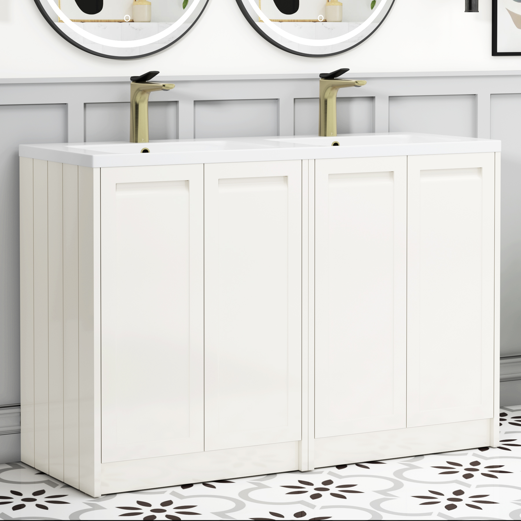 Elmore 1200mm Traditional Floor Standing 4 Door Vanity Unit with Ceramic Basin - Classic White