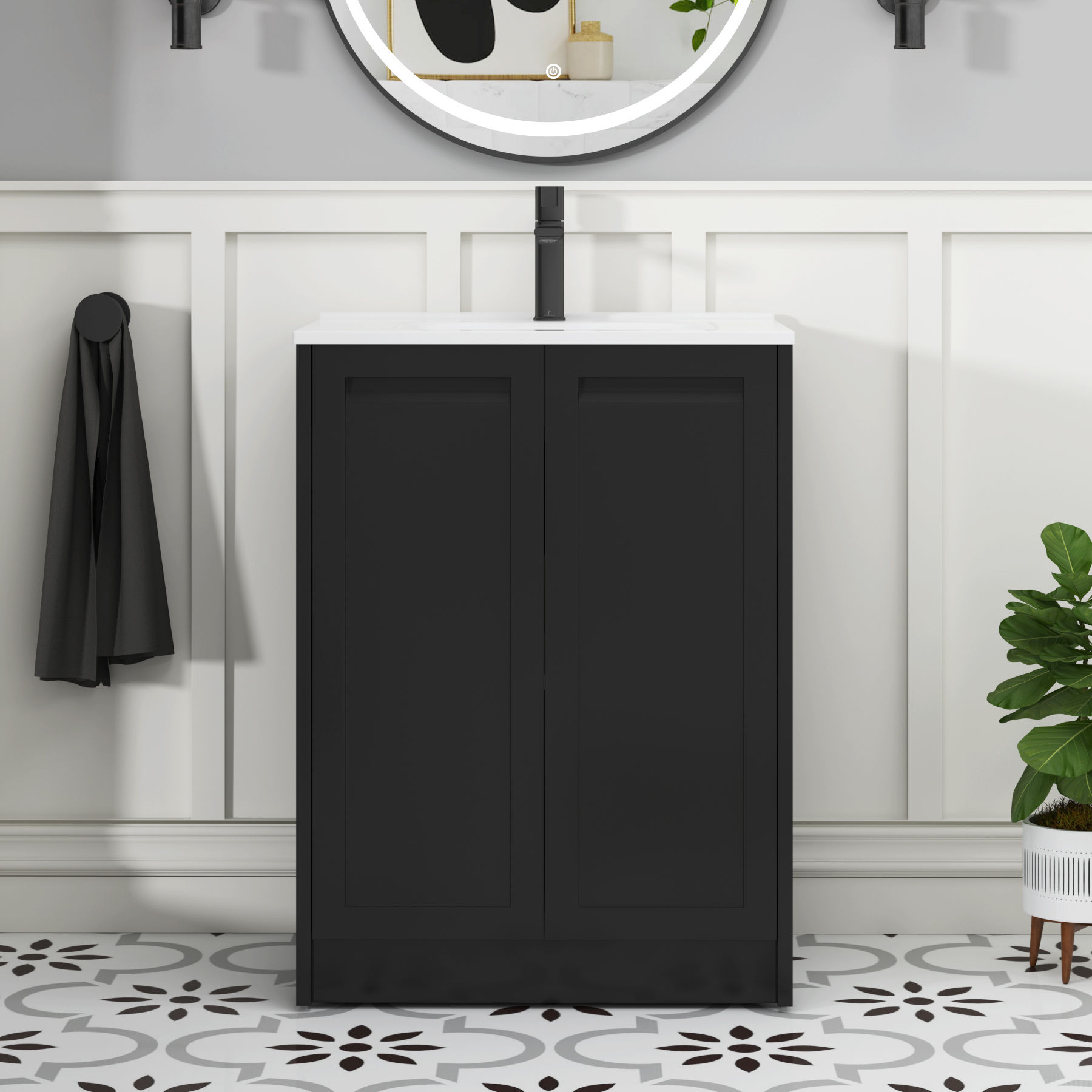 Elmore Matt Nocturne Black Traditional 2 Door Floor Standing Vanity Unit with Ceramic Basin