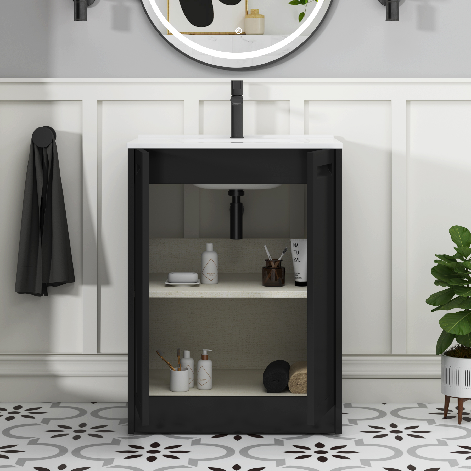 Elmore Matt Nocturne Black Traditional 2 Door Floor Standing Vanity Unit with Ceramic Basin