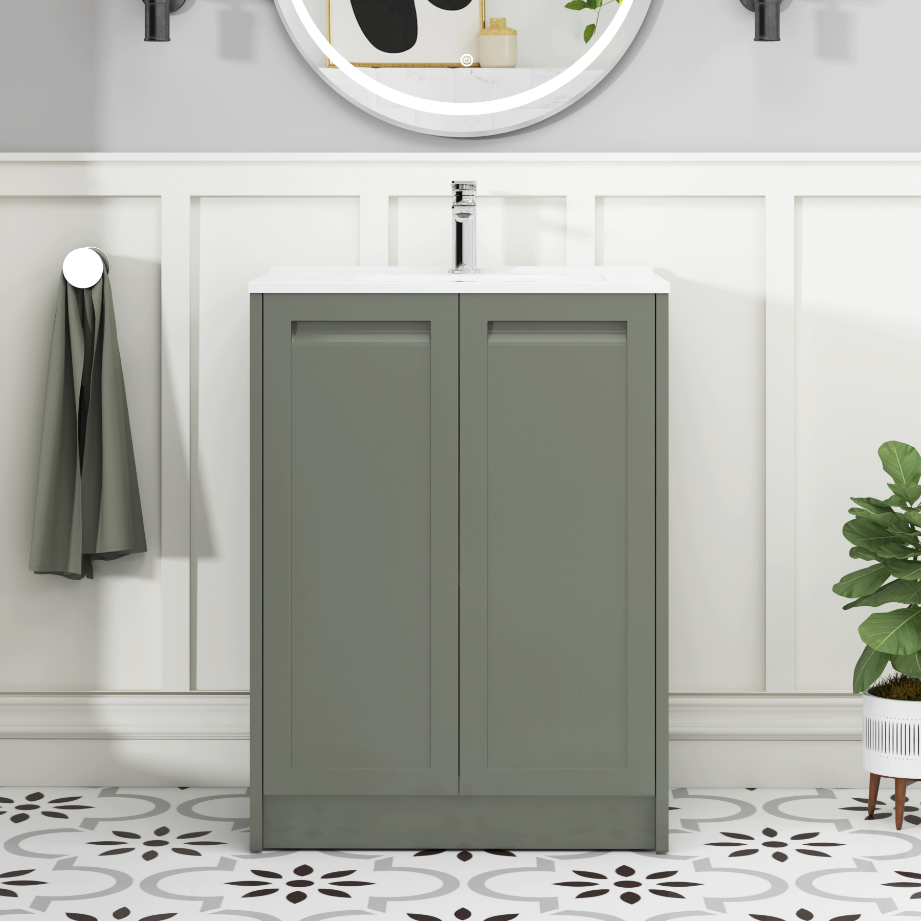 Elmore Matt Green Traditional 2 Door Floor Standing Vanity Unit with Ceramic Basin