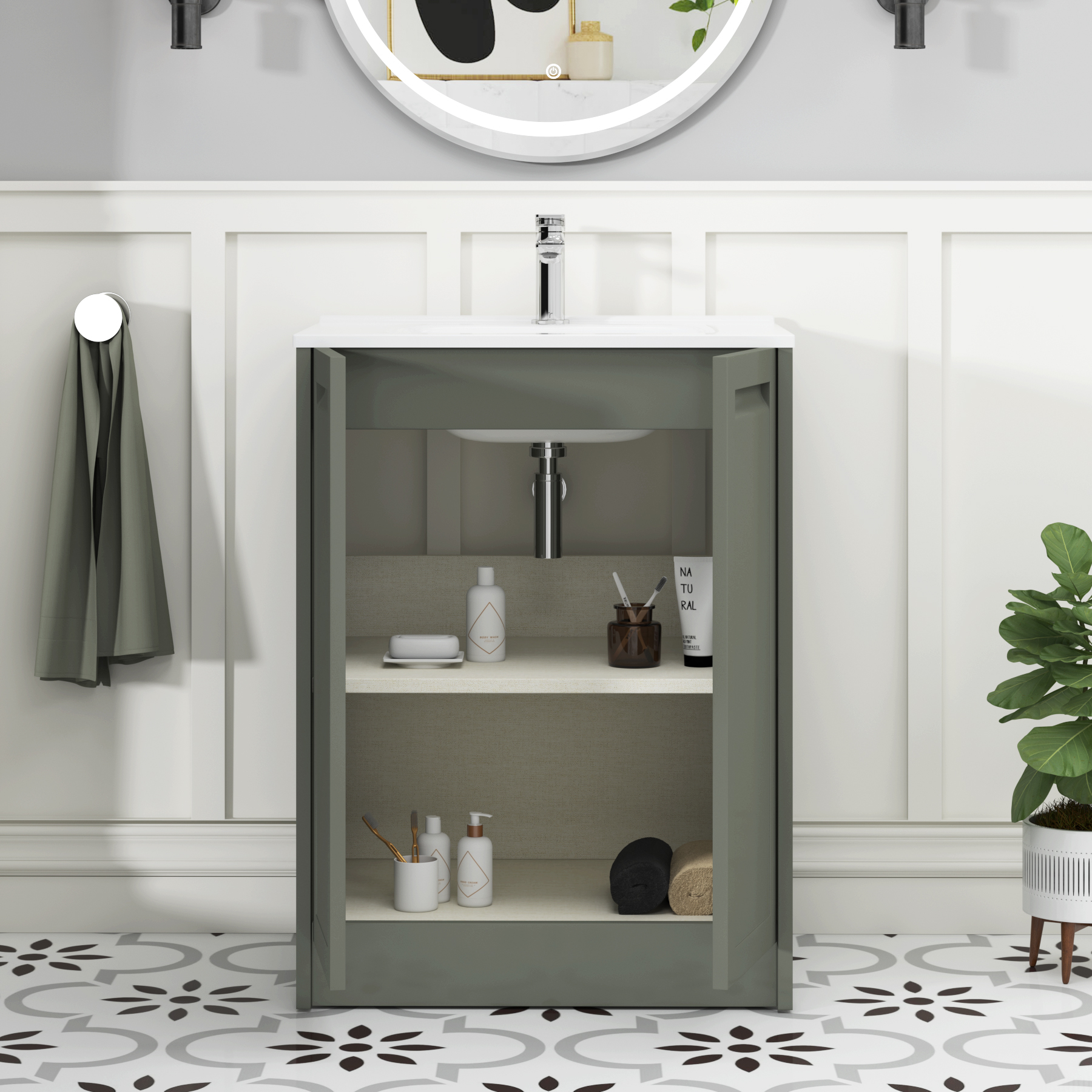 Elmore Matt Green Traditional 2 Door Floor Standing Vanity Unit with Ceramic Basin