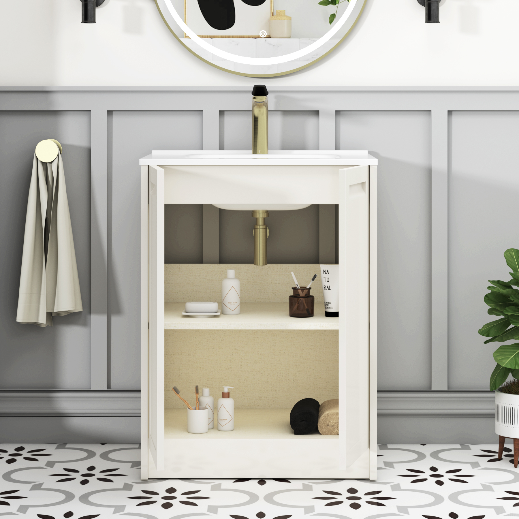 Elmore Classic White Traditional 2 Door Floor Standing Vanity Unit with Ceramic Basin