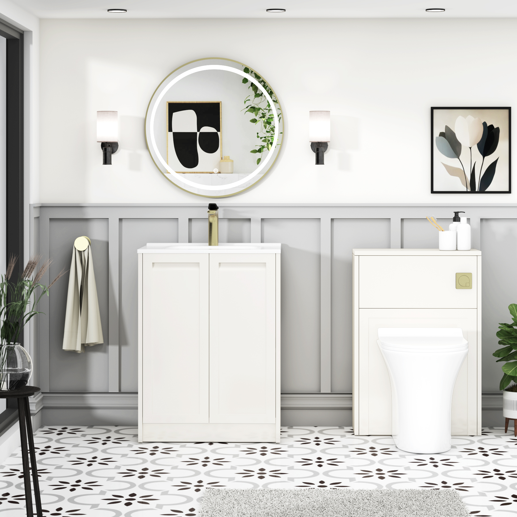 Elmore Classic White Traditional 2 Door Floor Standing Vanity Unit with Ceramic Basin