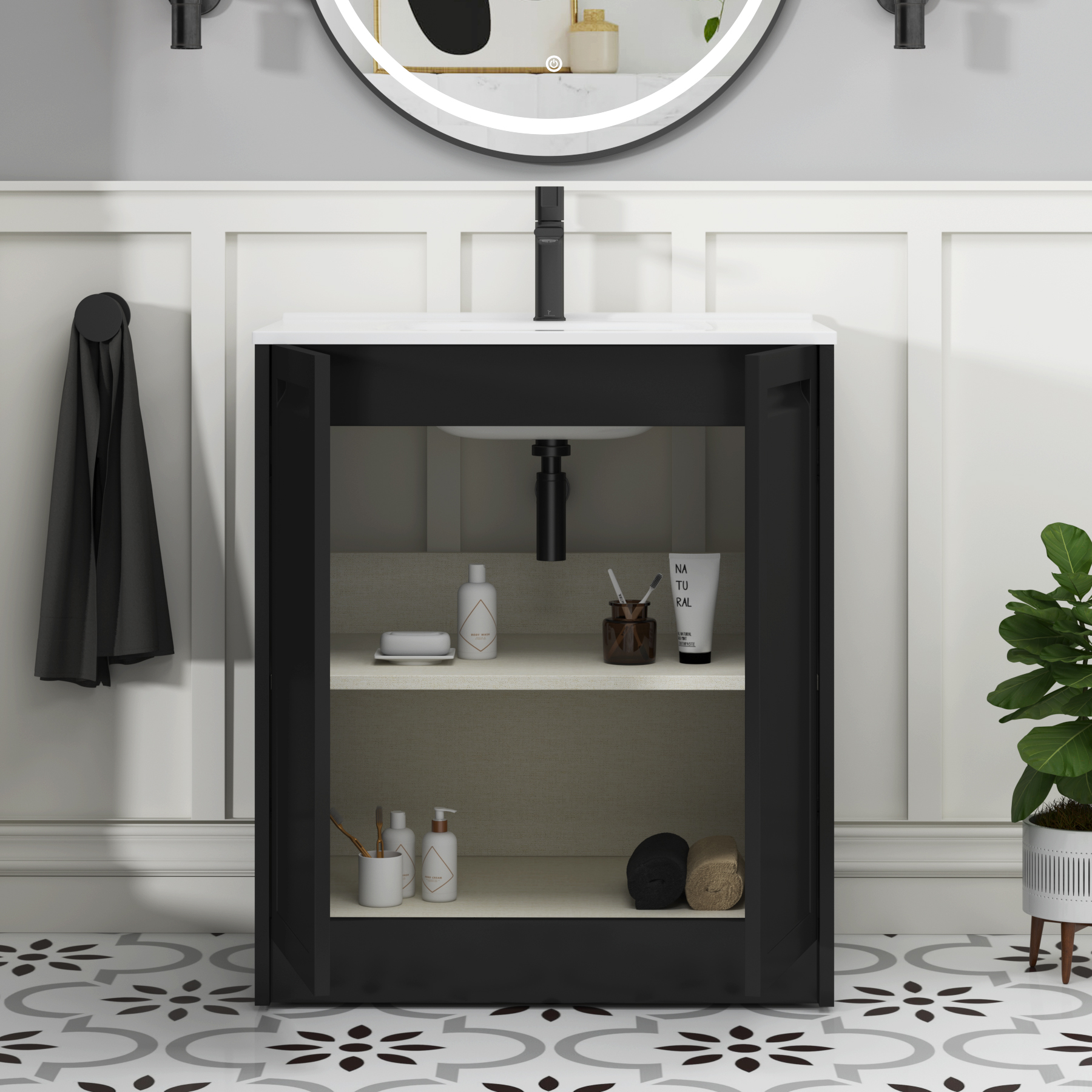 Elmore Matt Nocturne Black Traditional 2 Door Floor Standing Vanity Unit with Ceramic Basin