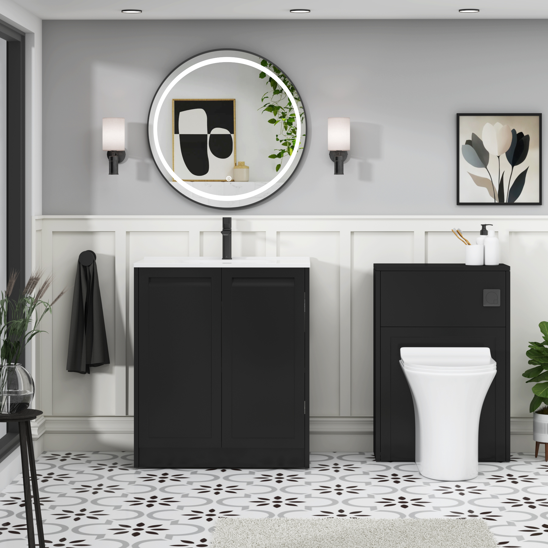 Elmore Matt Nocturne Black Traditional 2 Door Floor Standing Vanity Unit with Ceramic Basin