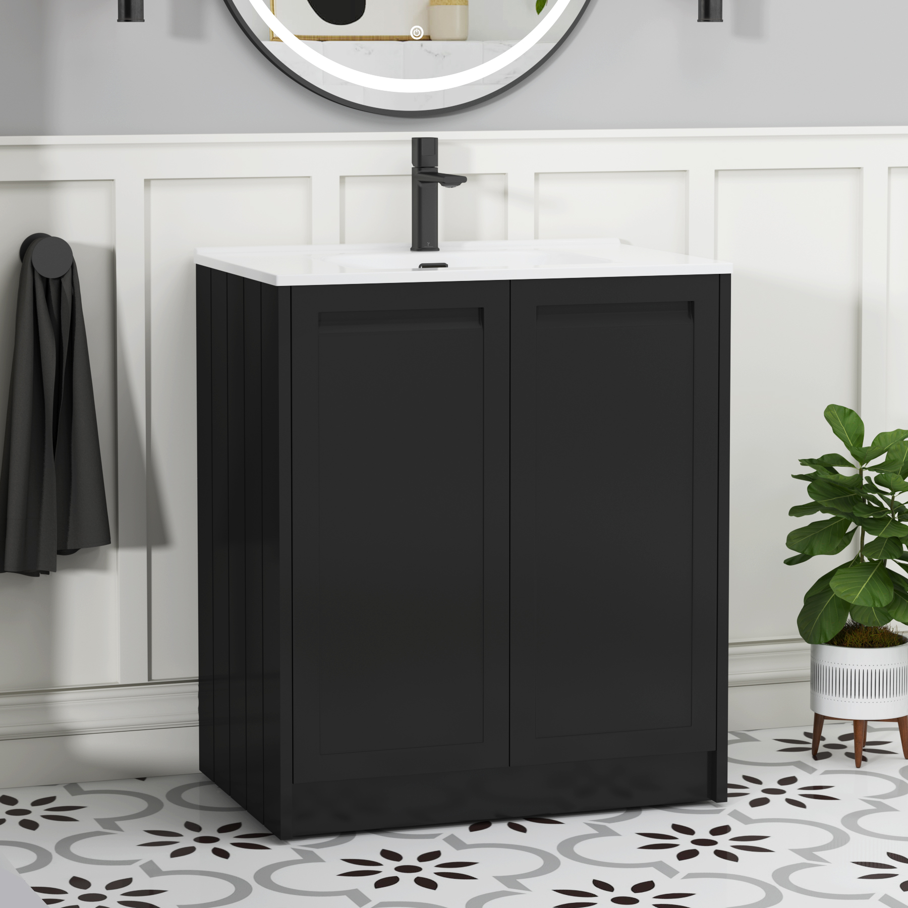 Elmore 700mm Traditional Floor Standing 2 Door Vanity Unit with Ceramic Basin - Matt Nocturne Black