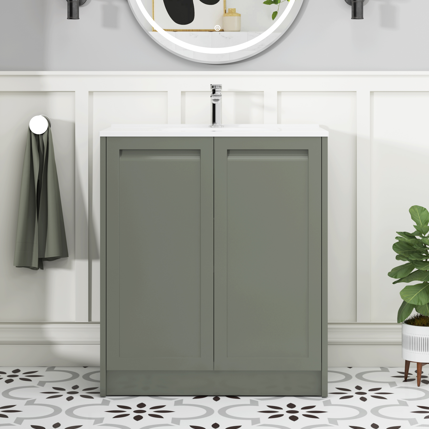 Elmore Matt Green Traditional 2 Door Floor Standing Vanity Unit with Ceramic Basin