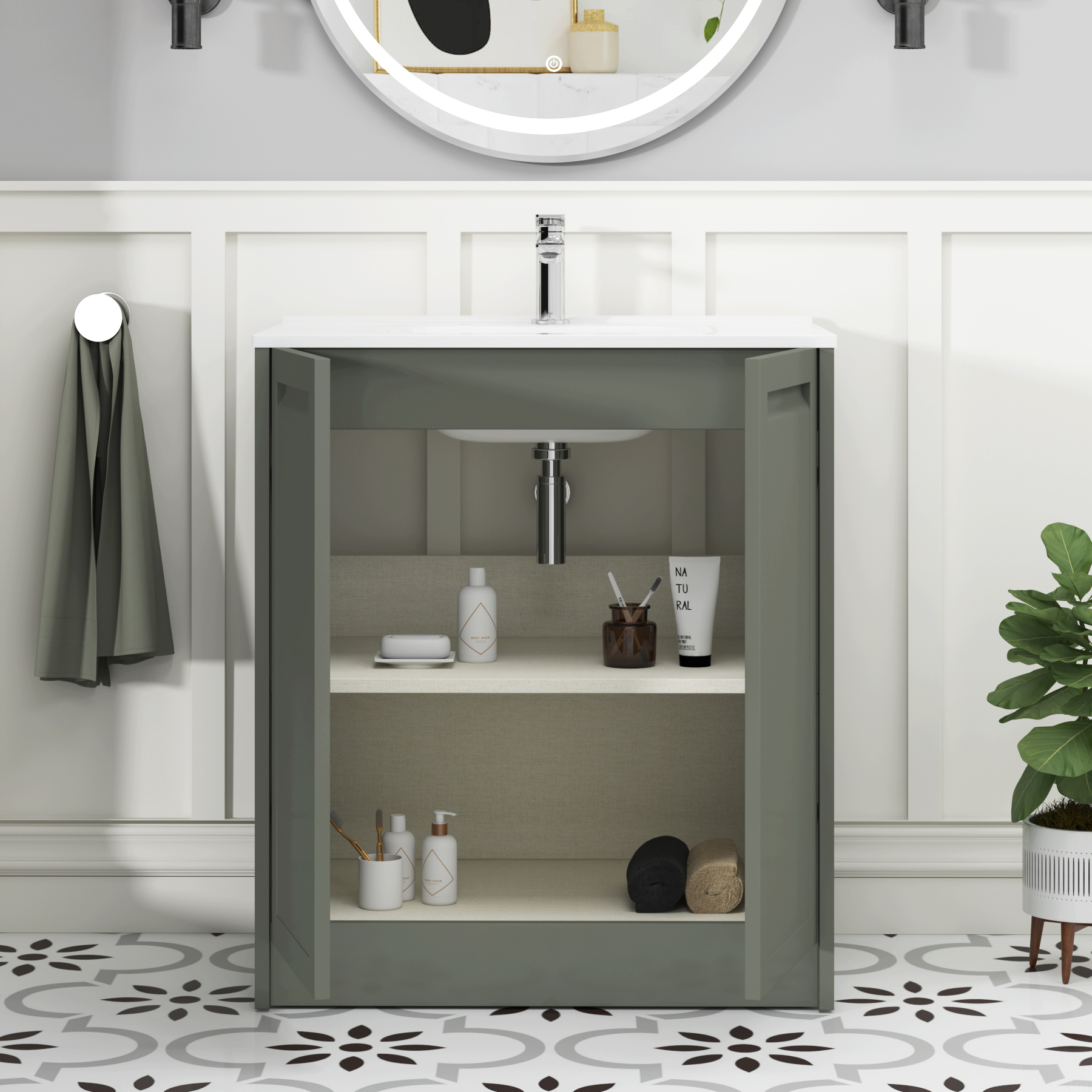 Elmore Matt Green Traditional 2 Door Floor Standing Vanity Unit with Ceramic Basin