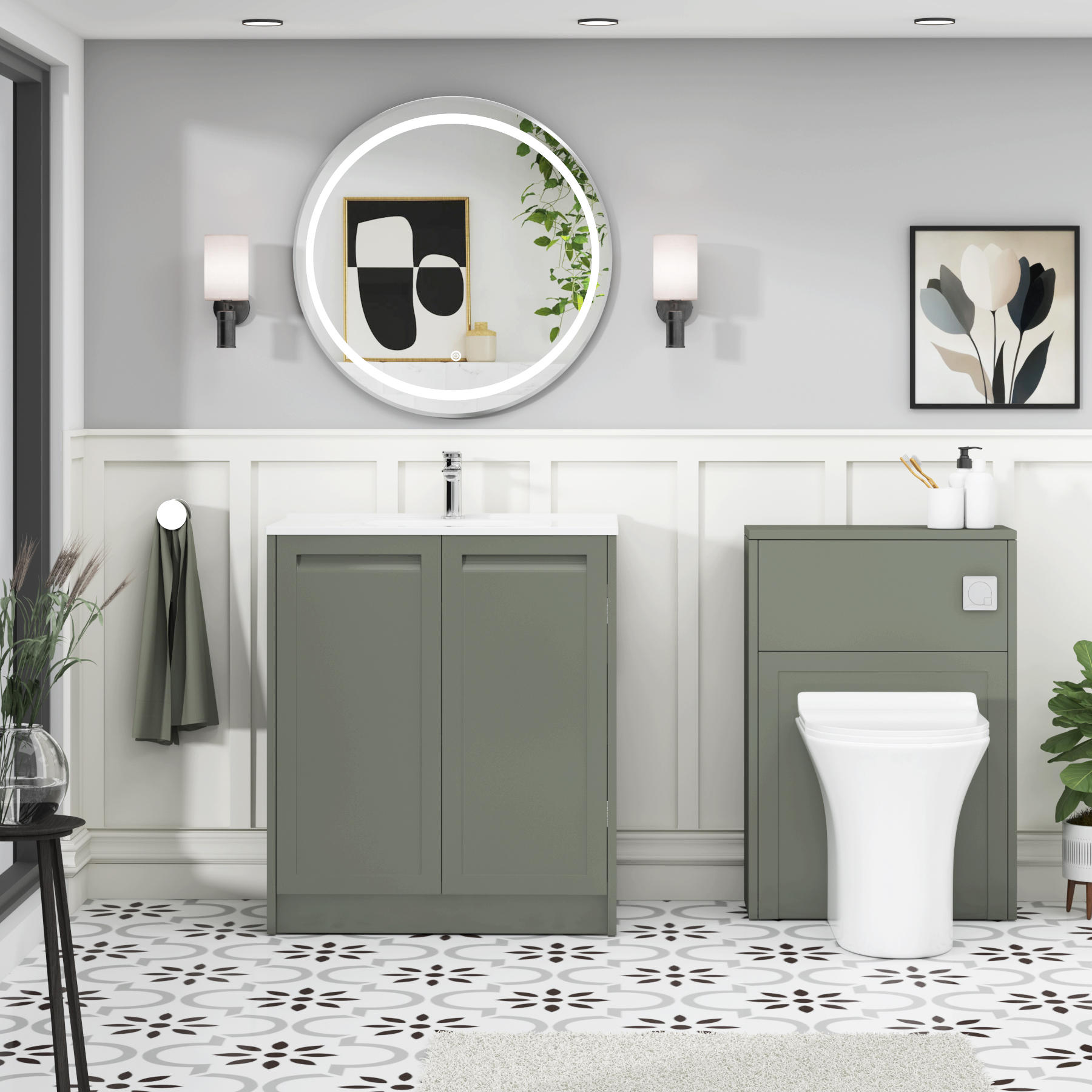 Elmore Matt Green Traditional 2 Door Floor Standing Vanity Unit with Ceramic Basin
