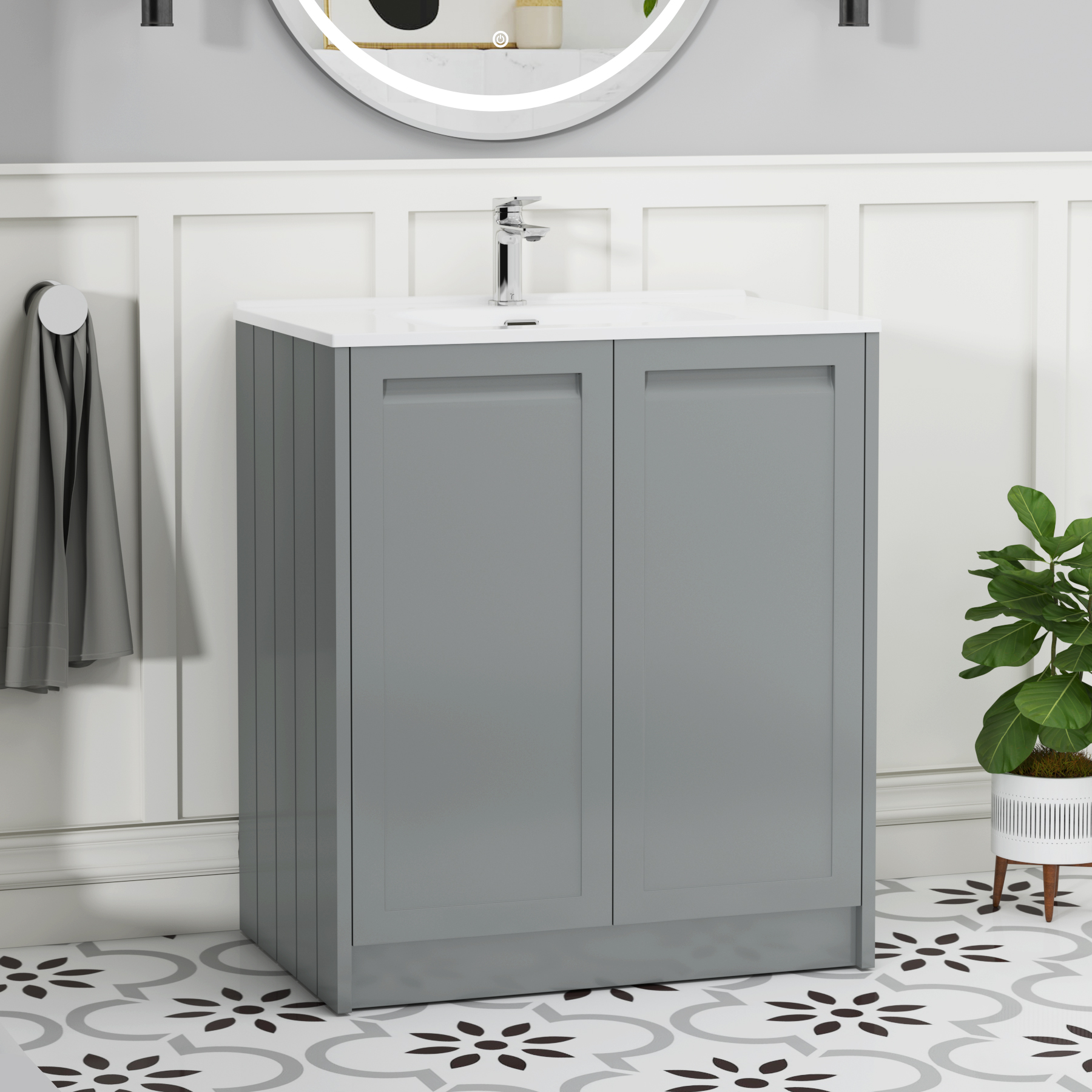 Elmore 700mm Traditional Floor Standing 2 Door Vanity Unit with Ceramic Basin - Matt Pebble Grey