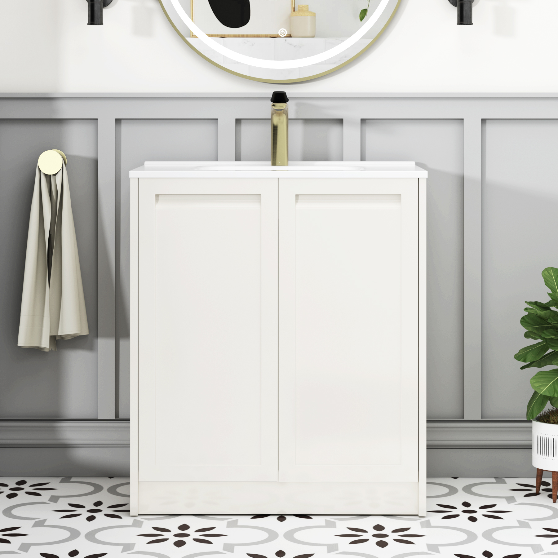 Elmore Classic White Traditional 2 Door Floor Standing Vanity Unit with Ceramic Basin