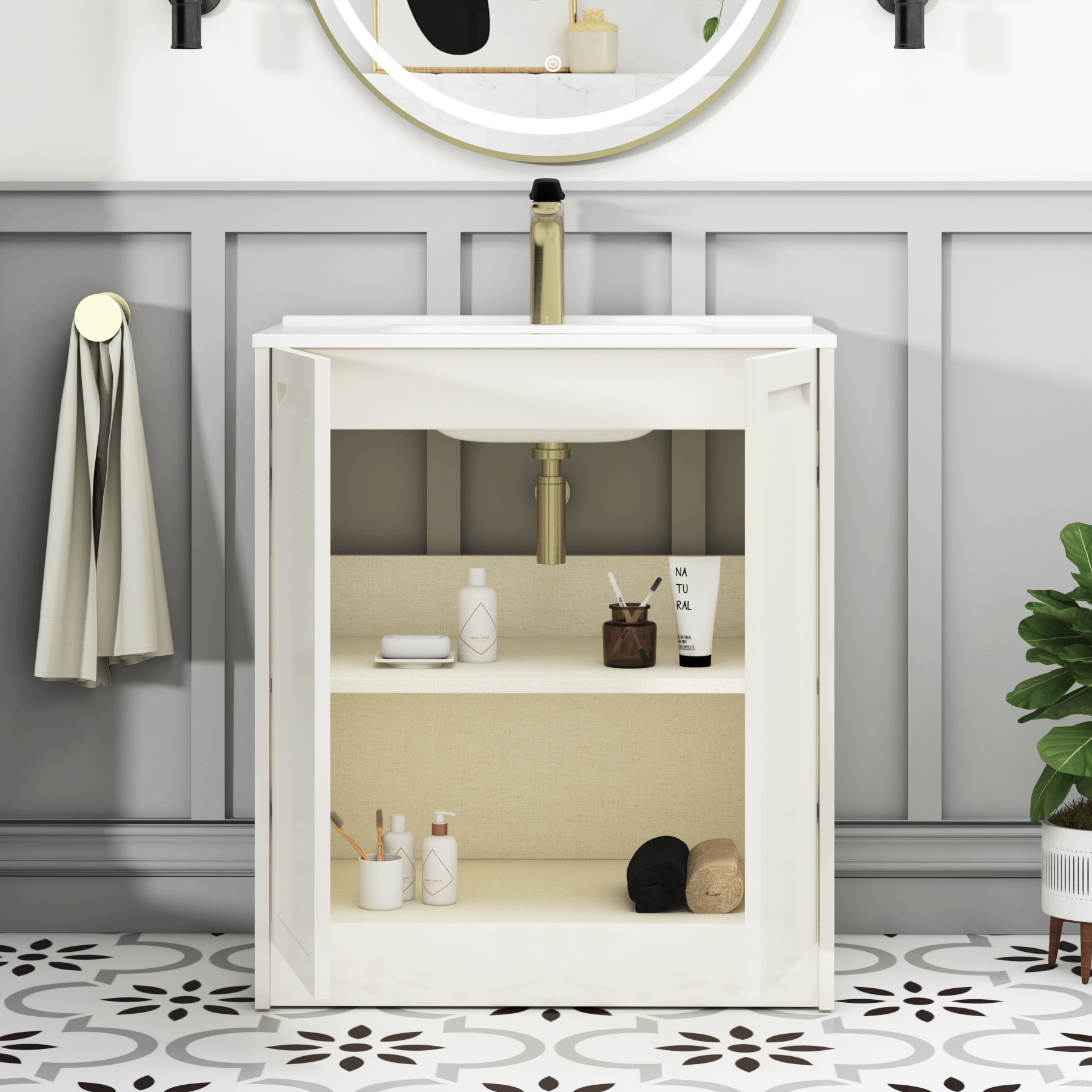 Elmore Classic White Traditional 2 Door Floor Standing Vanity Unit with Ceramic Basin