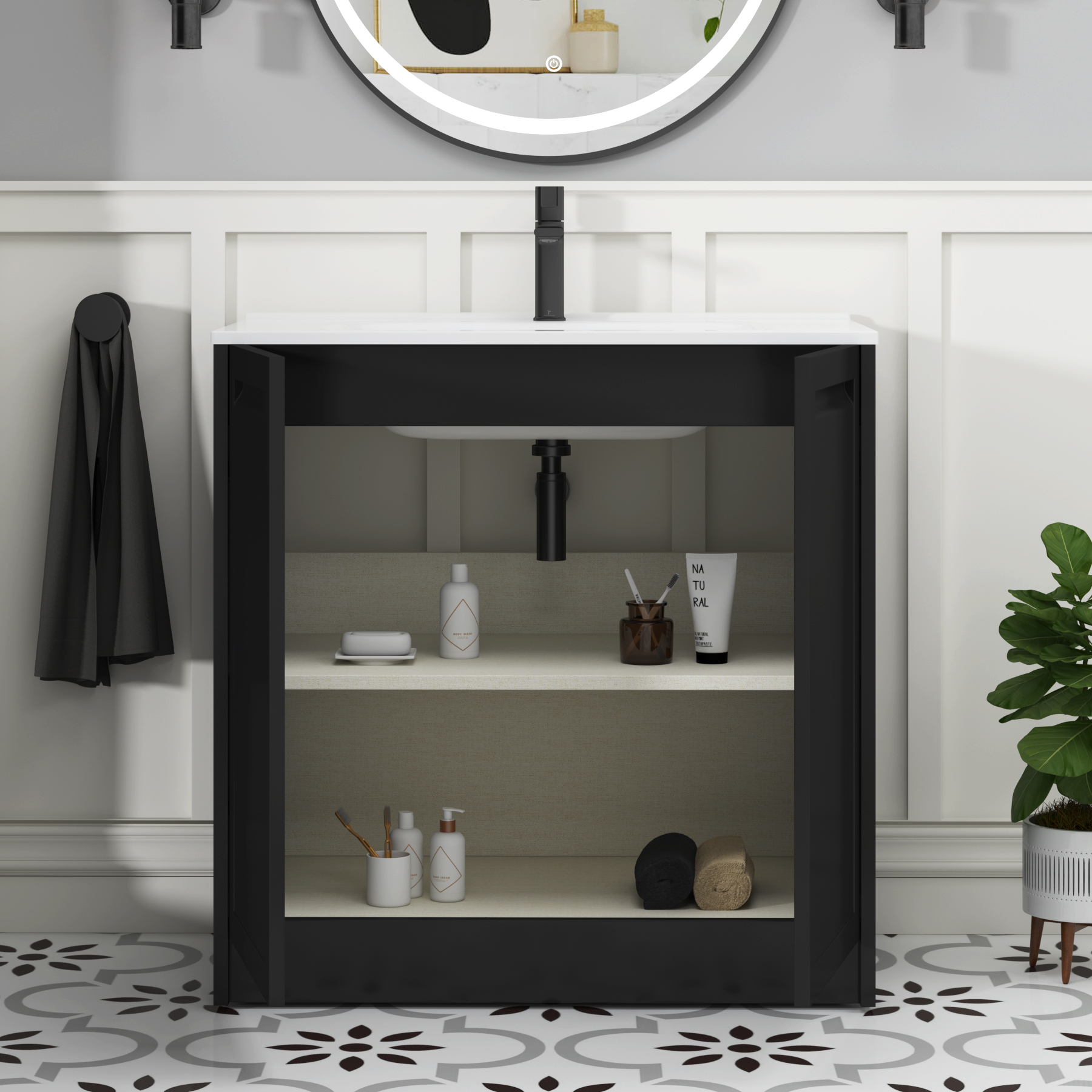 Elmore Matt Nocturne Black Traditional 2 Door Floor Standing Vanity Unit with Ceramic Basin