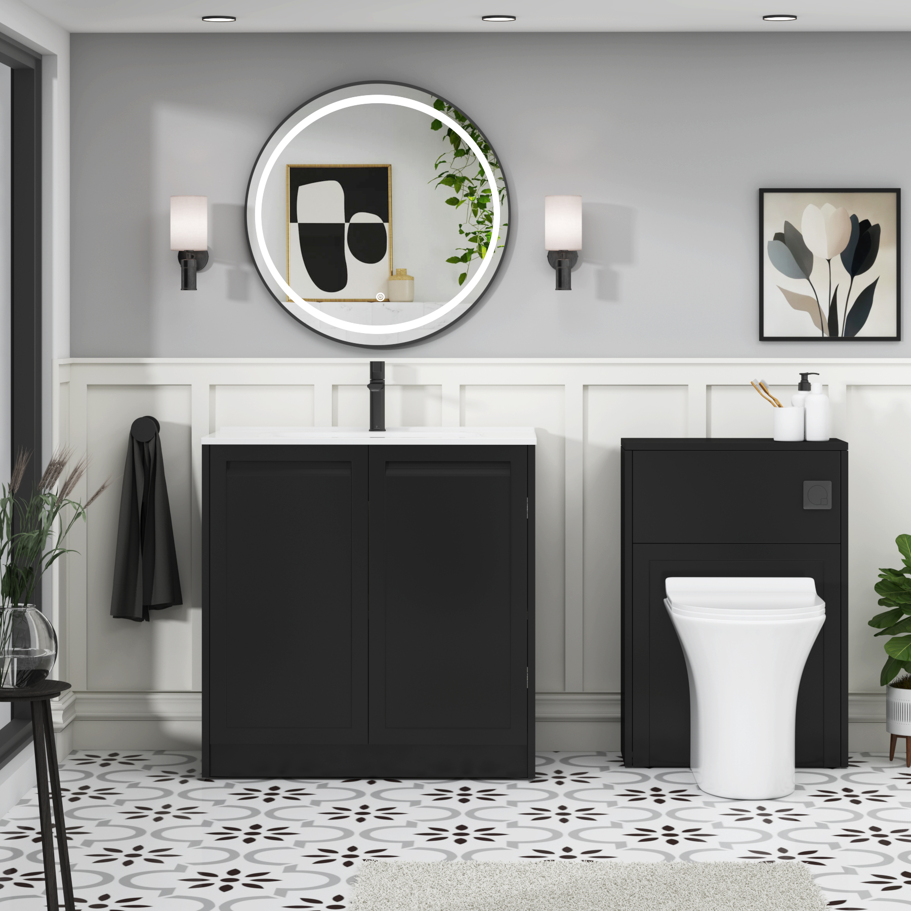 Elmore Matt Nocturne Black Traditional 2 Door Floor Standing Vanity Unit with Ceramic Basin