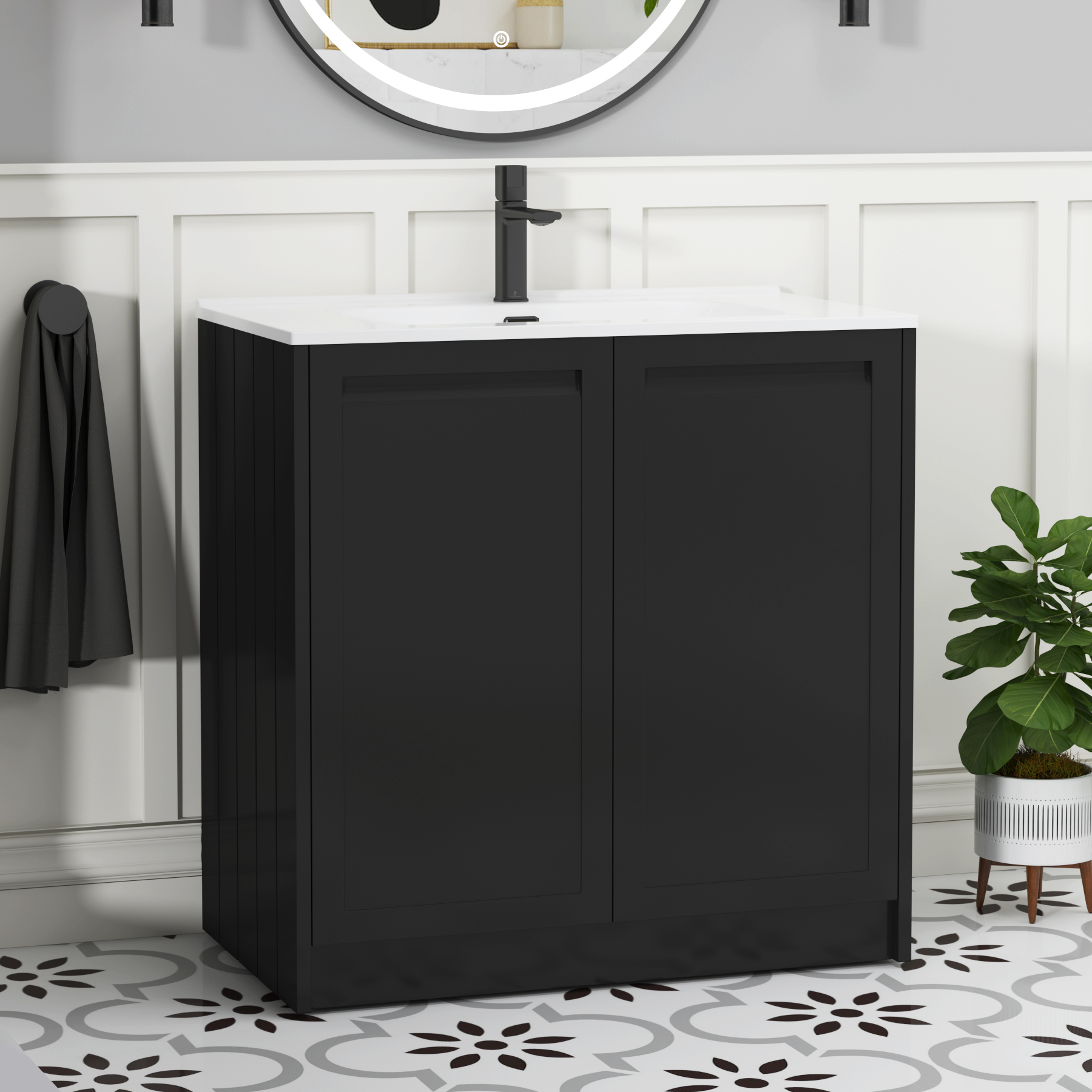 Elmore 800mm Traditional Floor Standing 2 Door Vanity Unit with Ceramic Basin - Matt Nocturne Black