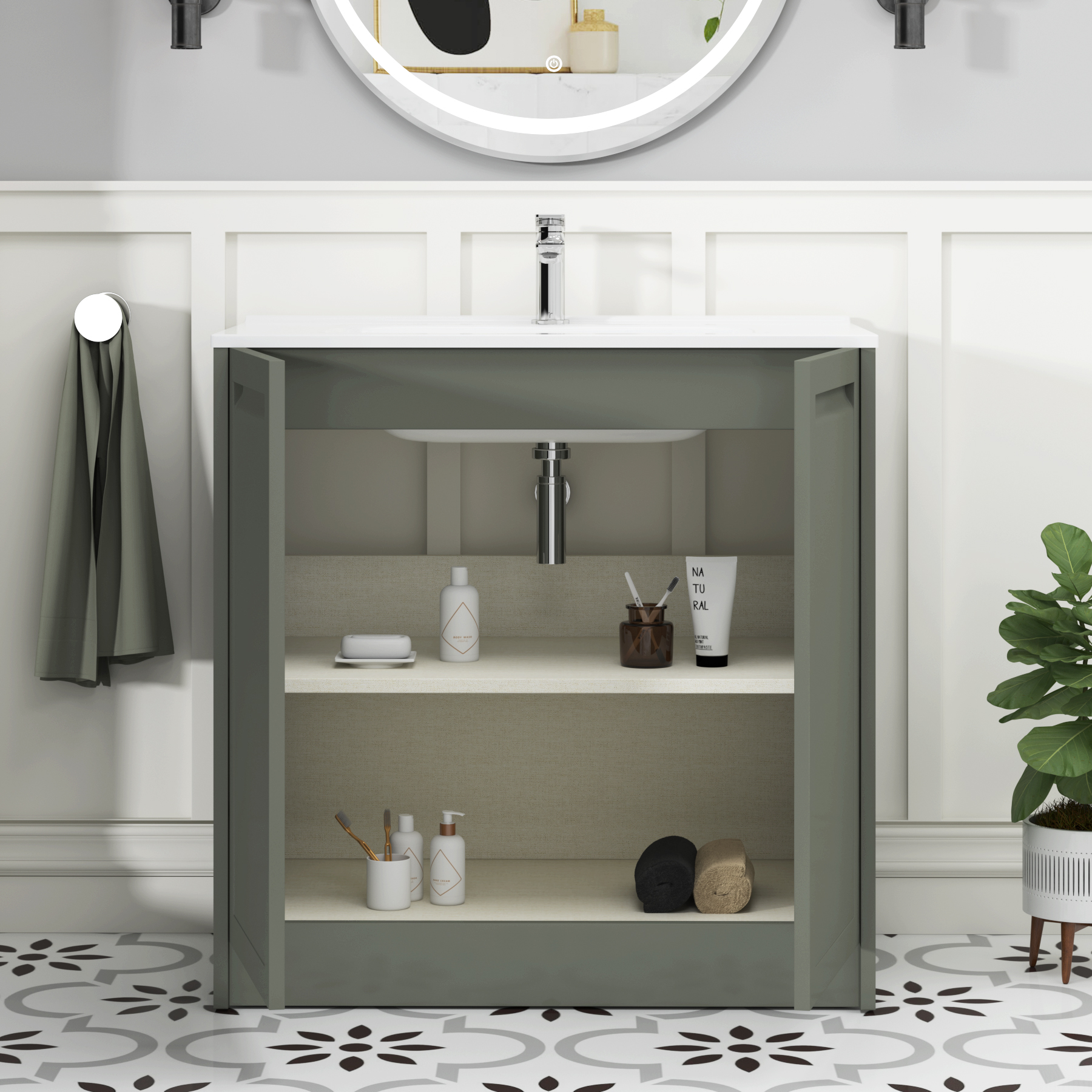 Elmore Matt Green Traditional 2 Door Floor Standing Vanity Unit with Ceramic Basin