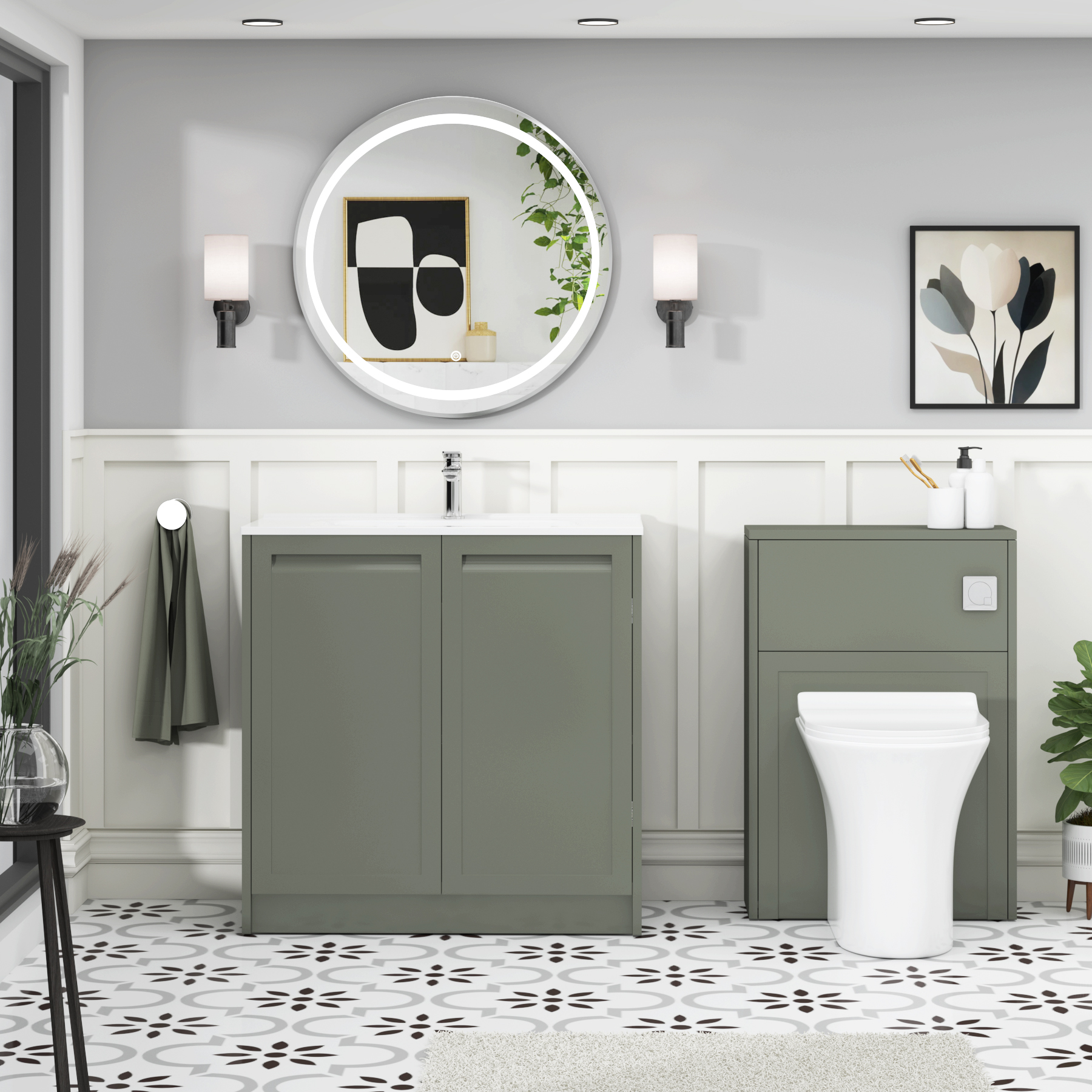 Elmore Matt Green Traditional 2 Door Floor Standing Vanity Unit with Ceramic Basin