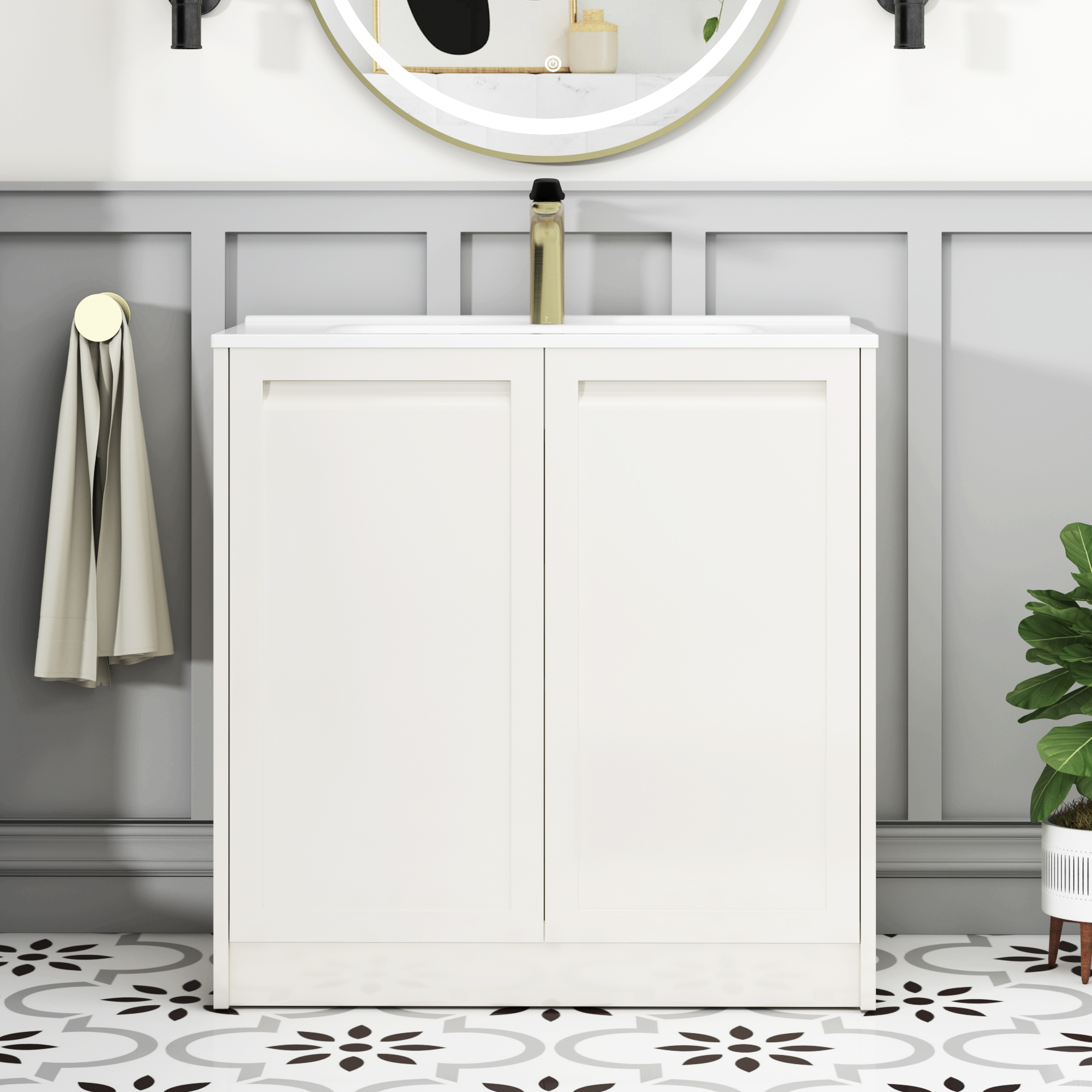 Elmore Classic White Traditional 2 Door Floor Standing Vanity Unit with Ceramic Basin