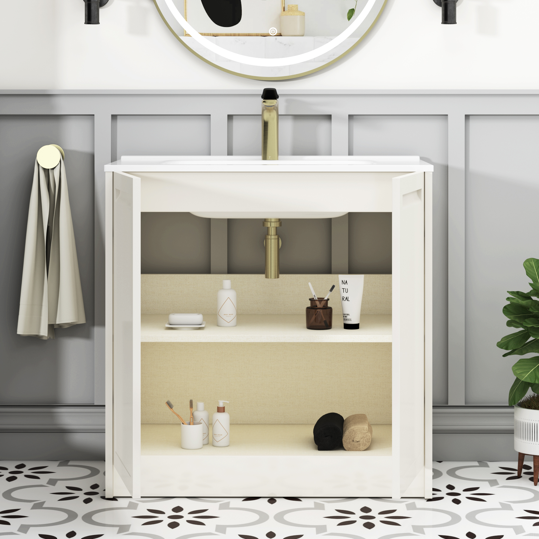 Elmore Classic White Traditional 2 Door Floor Standing Vanity Unit with Ceramic Basin