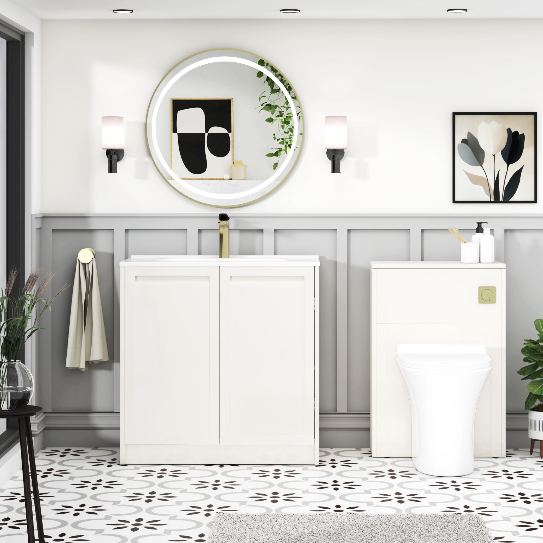 Elmore Classic White Traditional 2 Door Floor Standing Vanity Unit with Ceramic Basin