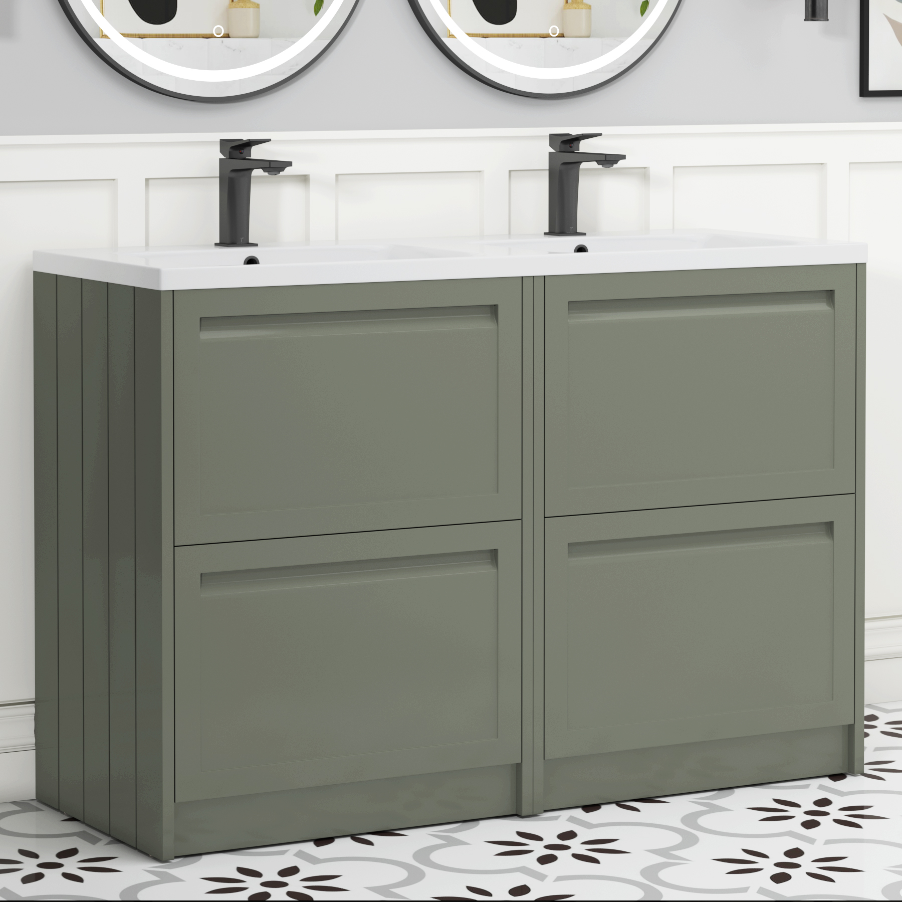 Elmore 1200mm Traditional Floor Standing 4 Drawer Vanity Unit with Ceramic Basin - Matt Green