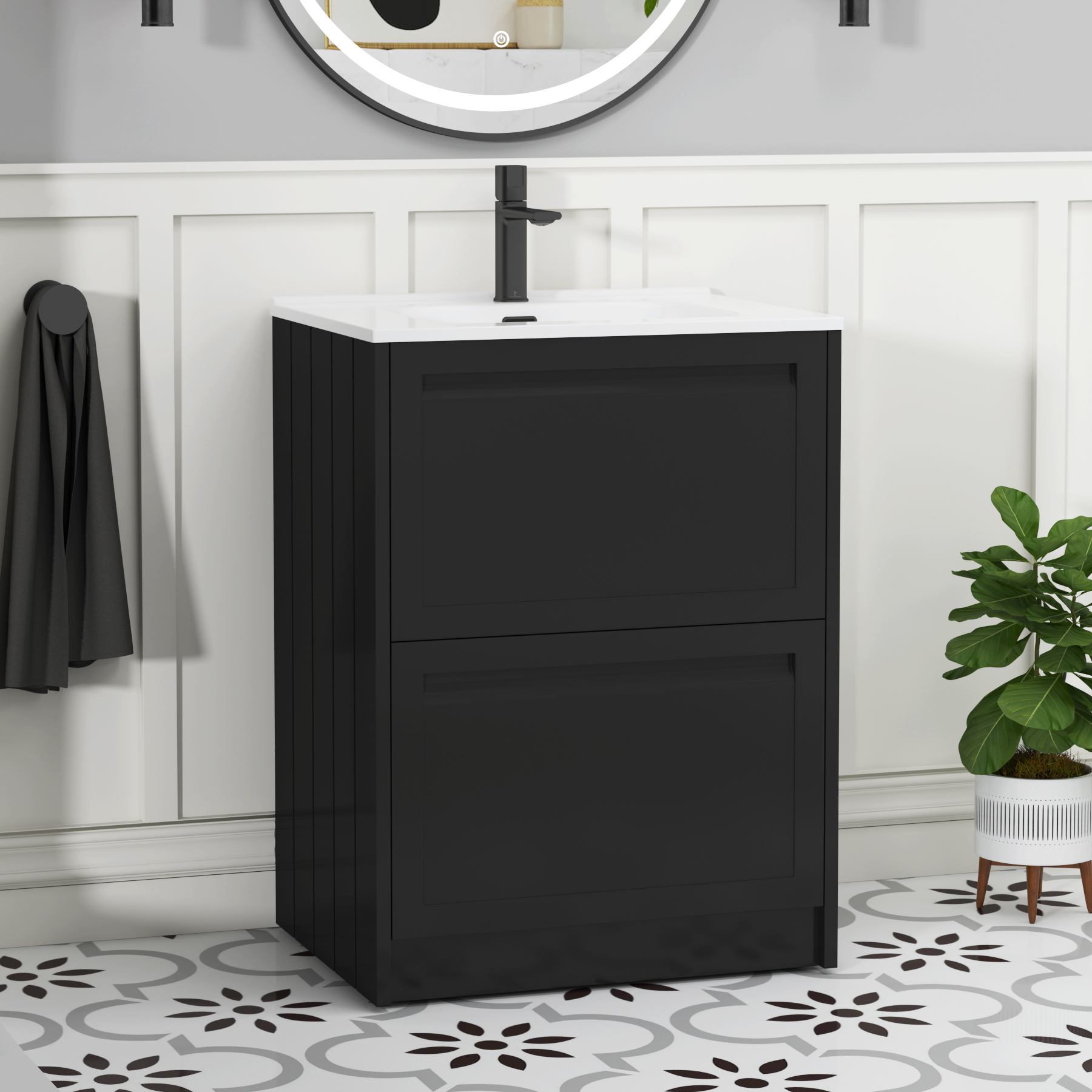 Elmore 600mm Traditional Floor Standing 2 Drawer Vanity Unit with Ceramic Basin - Matt Nocturne Black