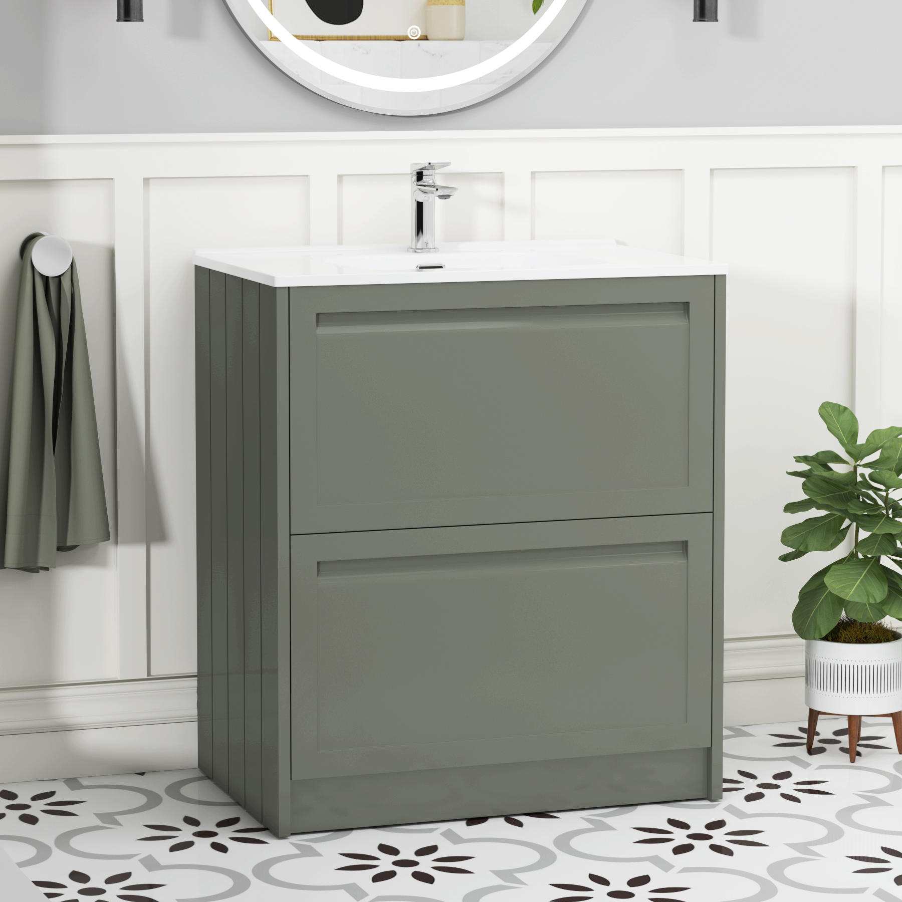 Elmore 700mm Traditional Floor Standing 2 Drawer Vanity Unit with Ceramic Basin - Matt Green
