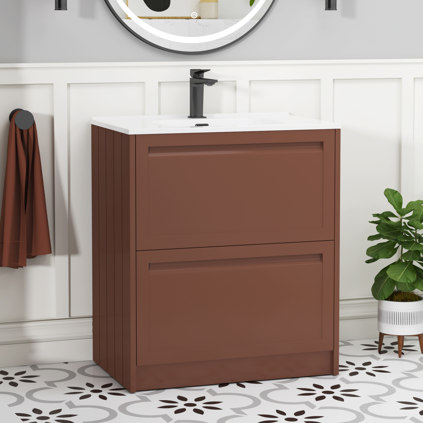 Elmore 700mm Traditional Floor Standing 2 Drawer Vanity Unit with Ceramic Basin - Terracotta Clay