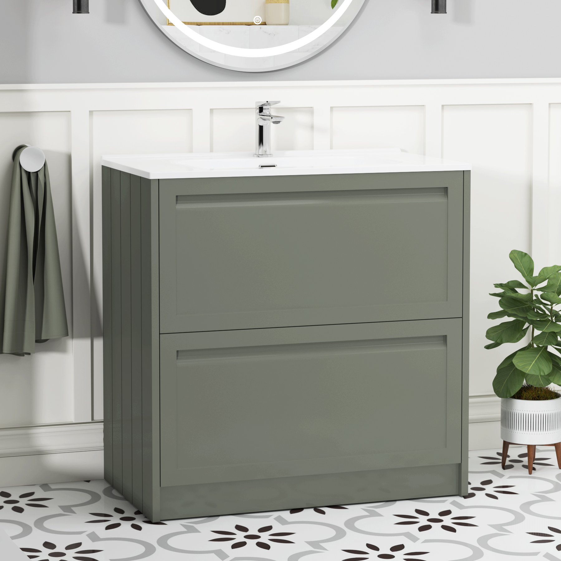 Elmore 800mm Traditional Floor Standing 2 Drawer Vanity Unit with Ceramic Basin - Matt Green