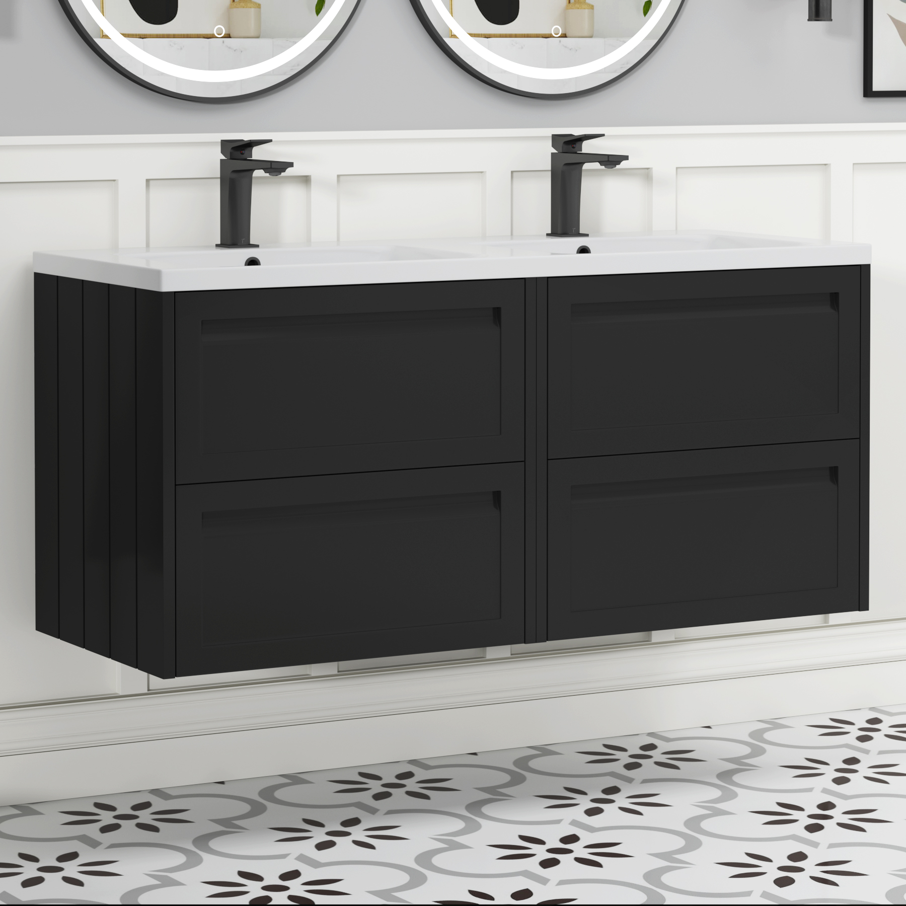 Elmore 1200mm Traditional Wall Hung 4 Drawer Vanity Unit with Ceramic Basin - Matt Nocturne Black