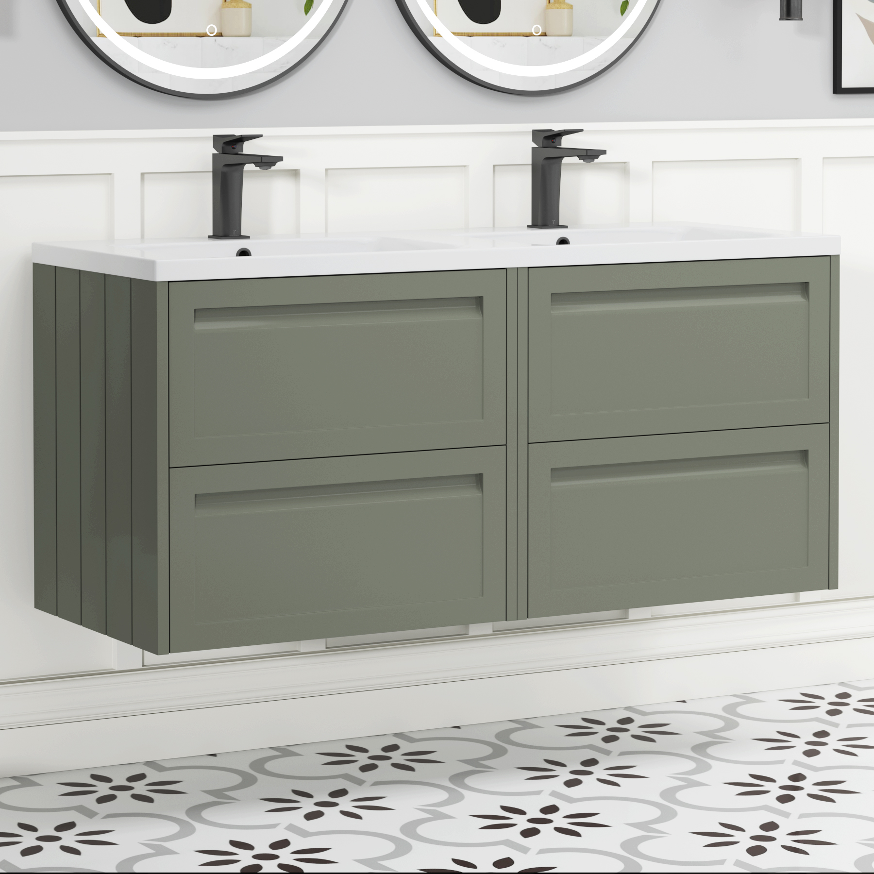 Elmore 1200mm Traditional Wall Hung 4 Drawer Vanity Unit with Ceramic Basin - Matt Green