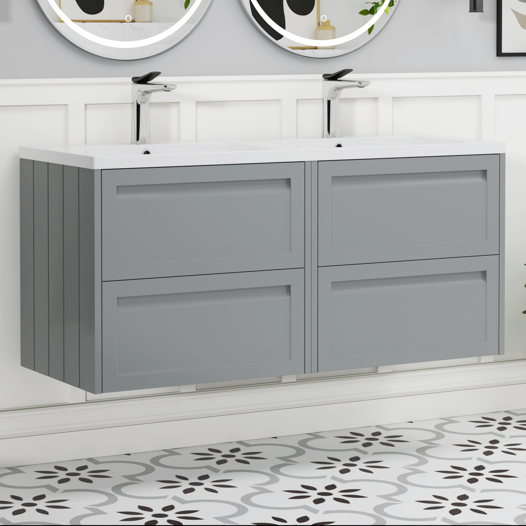 Elmore 1200mm Traditional Wall Hung 4 Drawer Vanity Unit with Ceramic Basin - Matt Pebble Grey