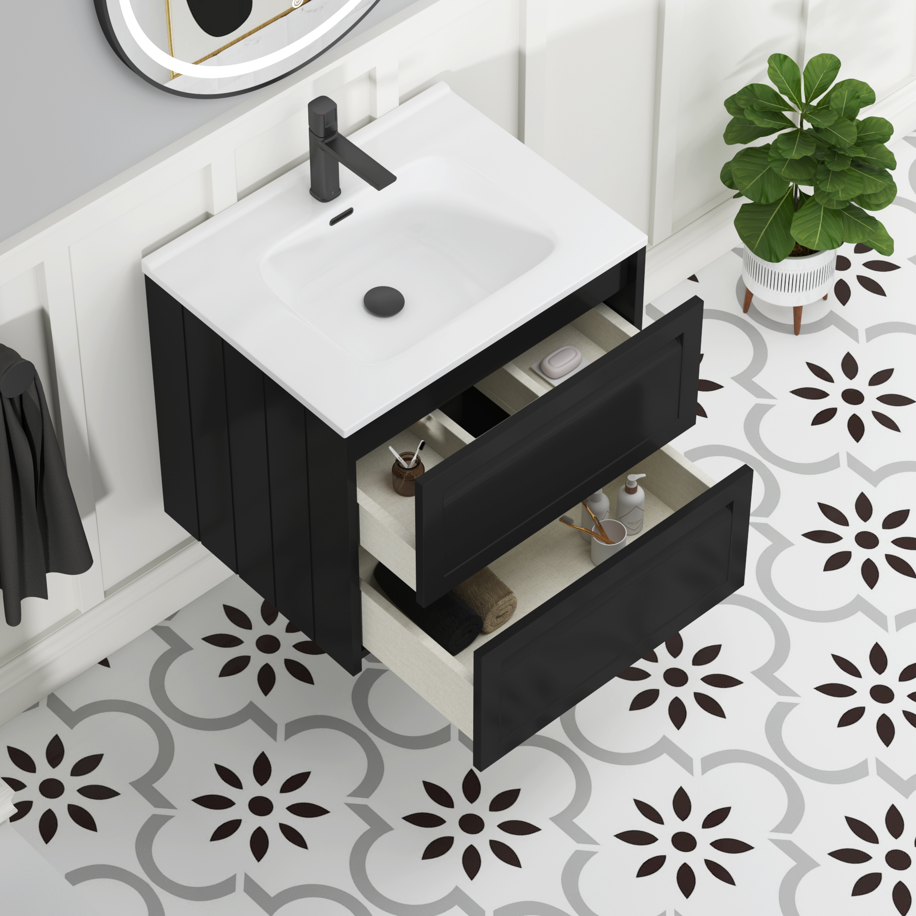 Elmore Matt Nocturne Black Traditional 2 Drawer Wall Hung Vanity Unit with Ceramic Basin