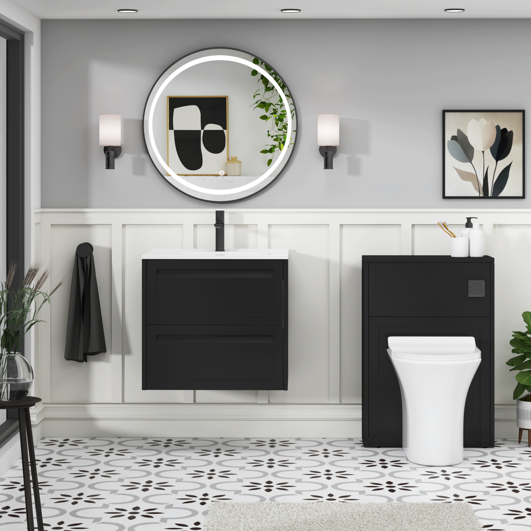 Elmore Matt Nocturne Black Traditional 2 Drawer Wall Hung Vanity Unit with Ceramic Basin