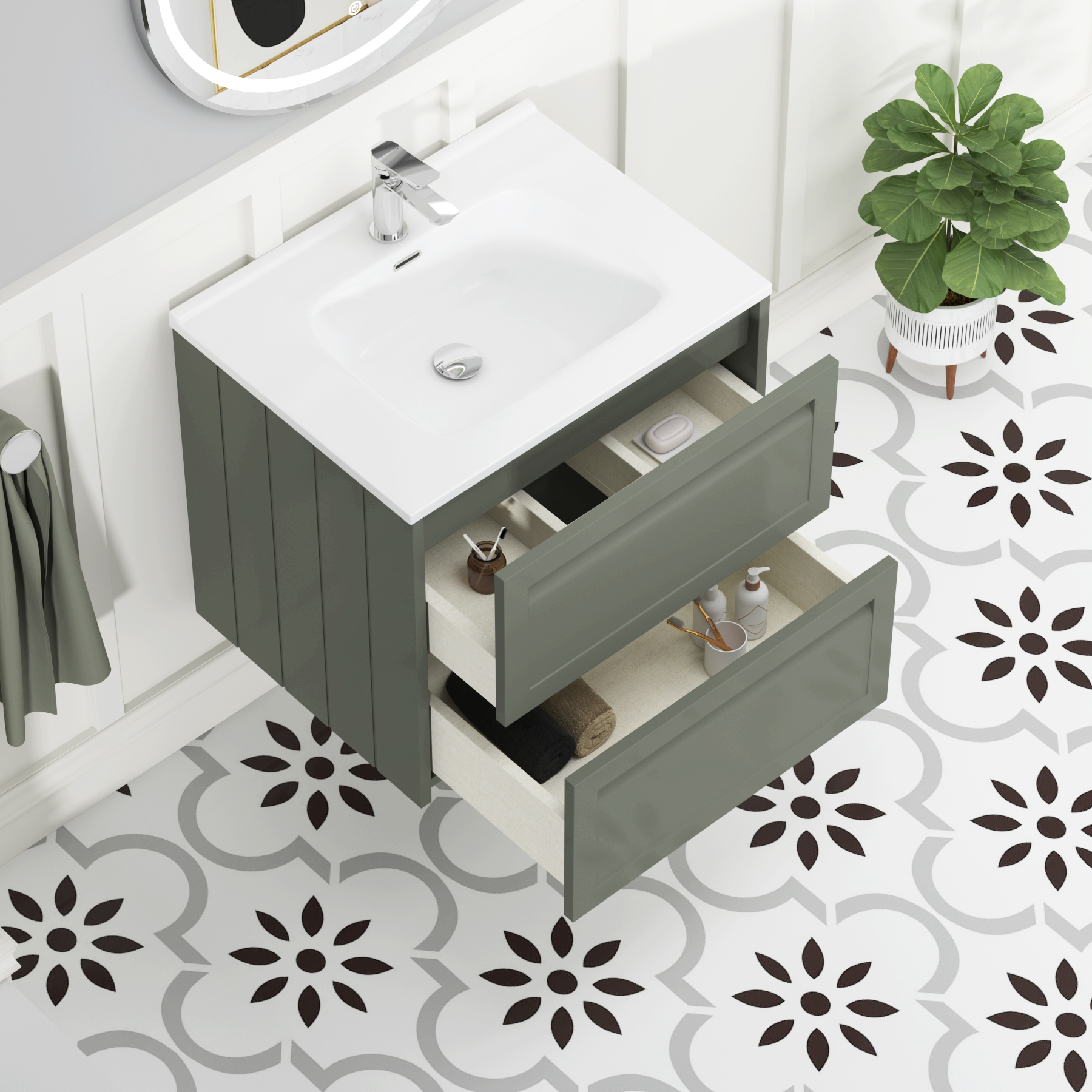 Elmore Matt Green Traditional 2 Drawer Wall Hung Vanity Unit with Ceramic Basin