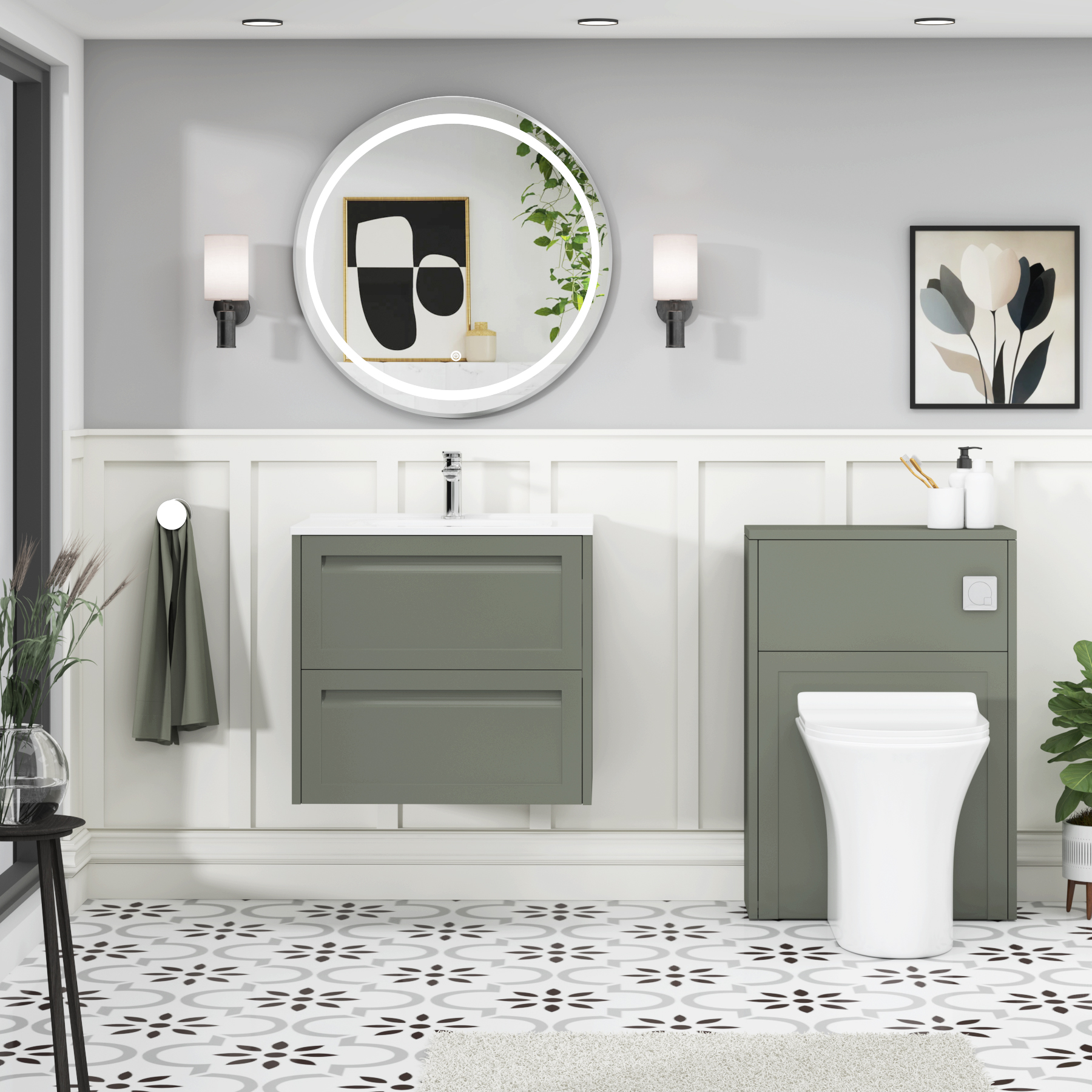Elmore Matt Green Traditional 2 Drawer Wall Hung Vanity Unit with Ceramic Basin