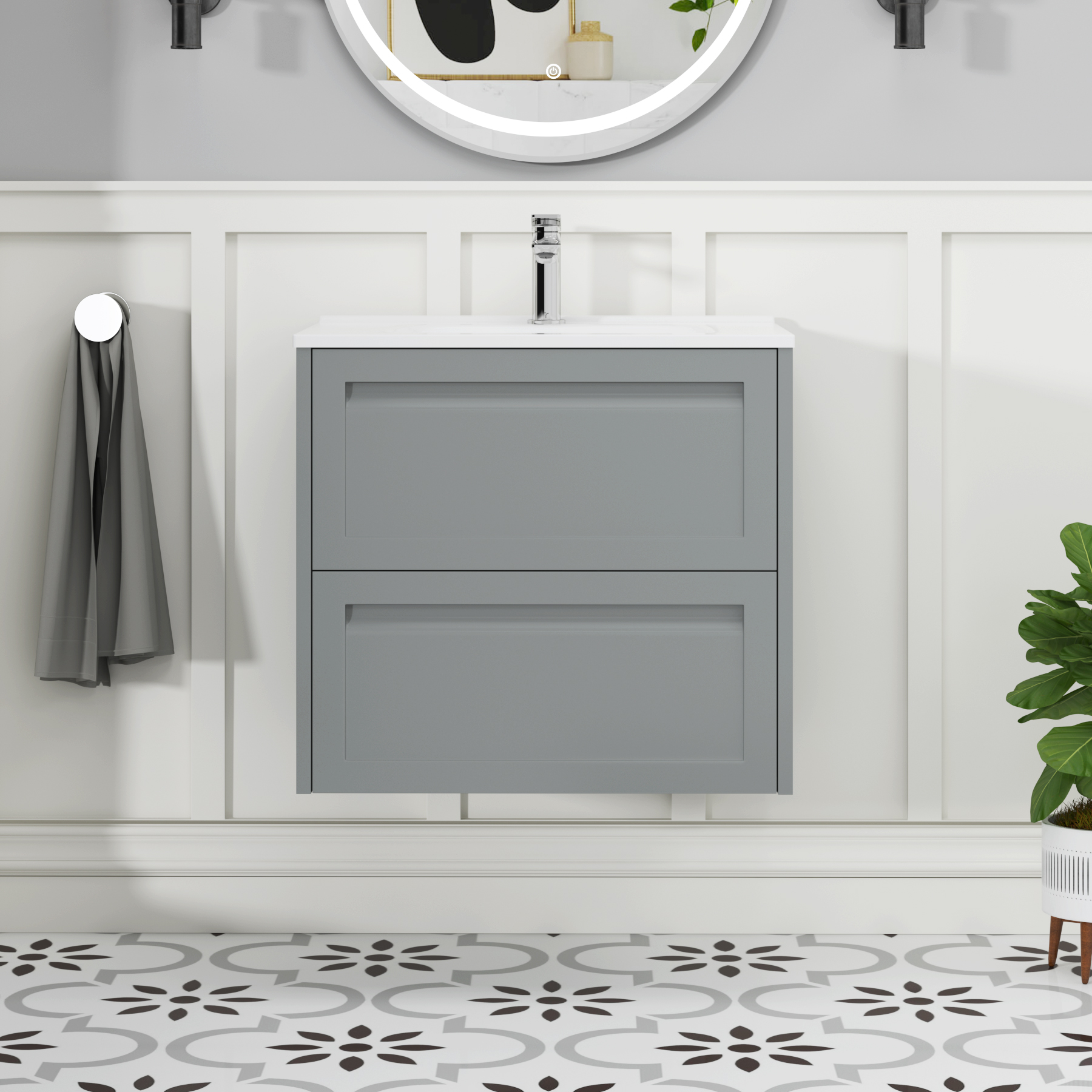 Elmore Matt Pebble Grey Traditional 2 Drawer Wall Hung Vanity Unit with Ceramic Basin