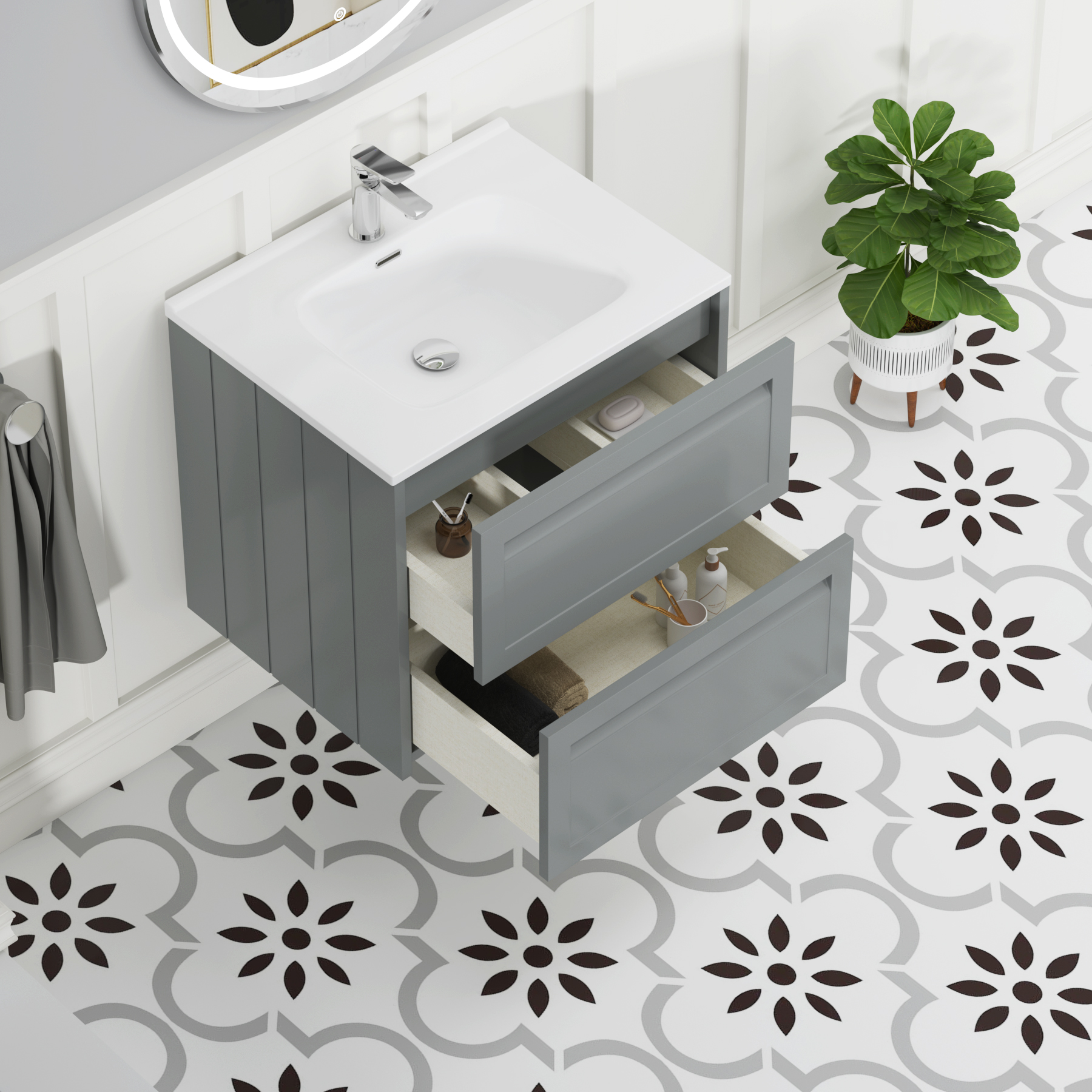 Elmore Matt Pebble Grey Traditional 2 Drawer Wall Hung Vanity Unit with Ceramic Basin