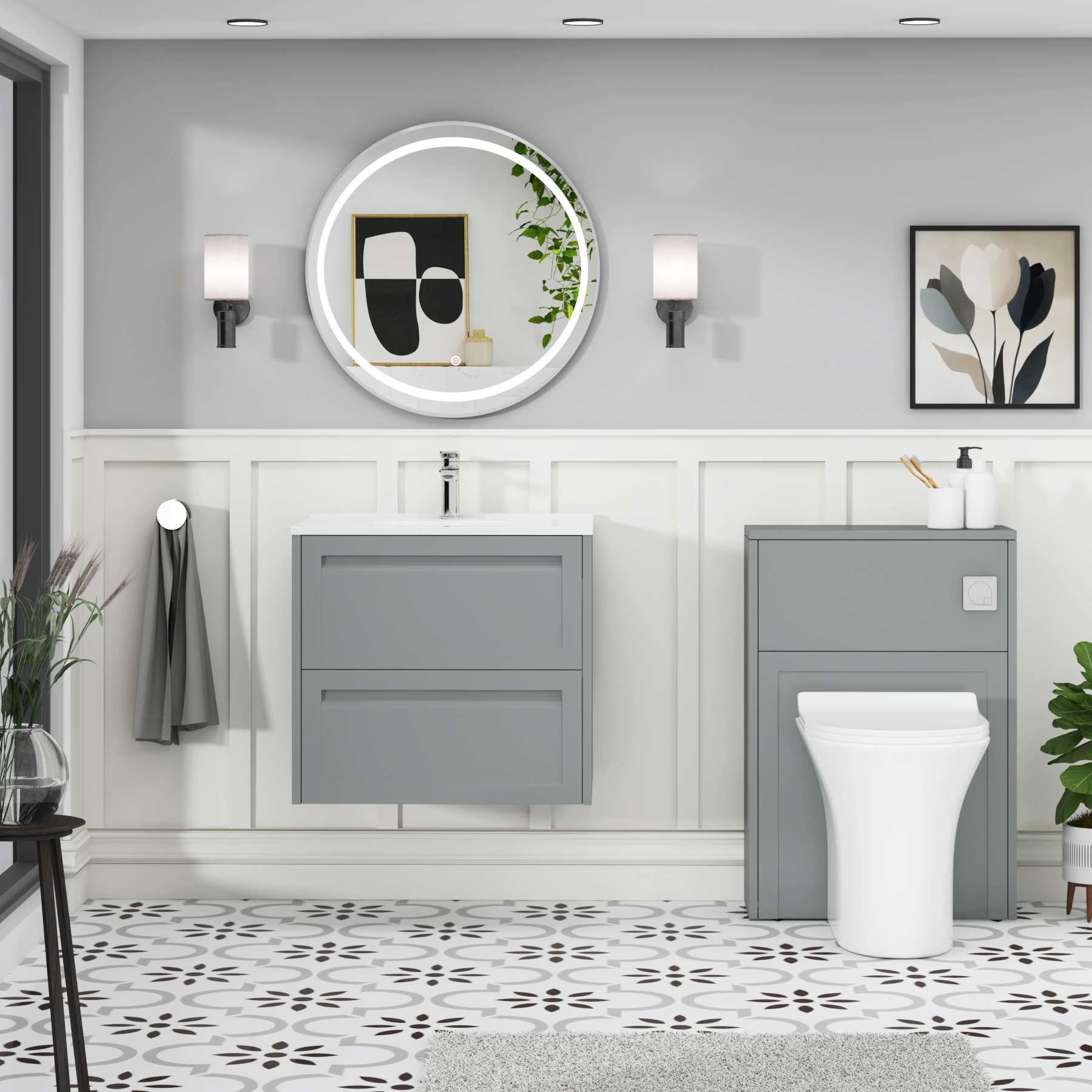 Elmore Matt Pebble Grey Traditional 2 Drawer Wall Hung Vanity Unit with Ceramic Basin
