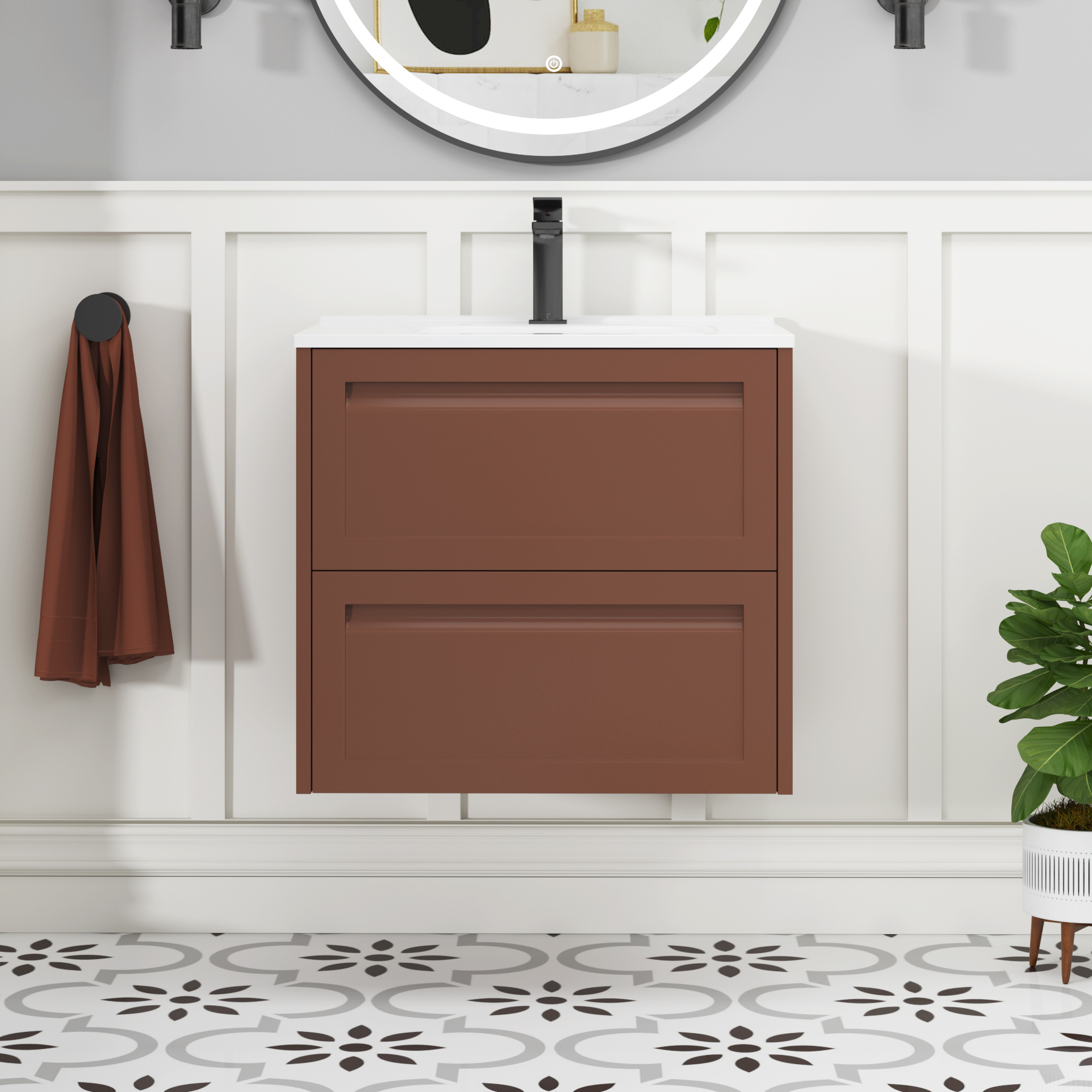 Elmore Terracotta Clay Traditional 2 Drawer Wall Hung Vanity Unit with Ceramic Basin