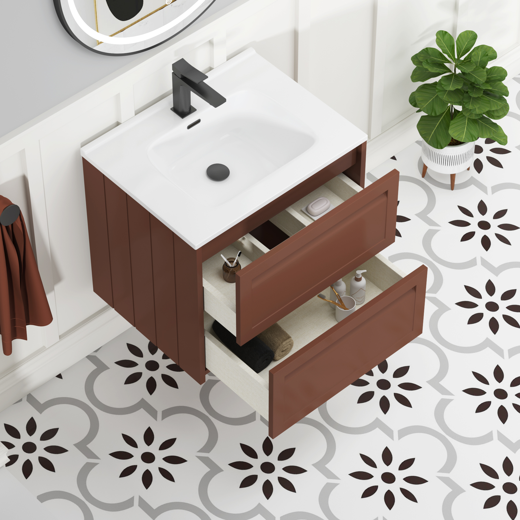 Elmore Terracotta Clay Traditional 2 Drawer Wall Hung Vanity Unit with Ceramic Basin