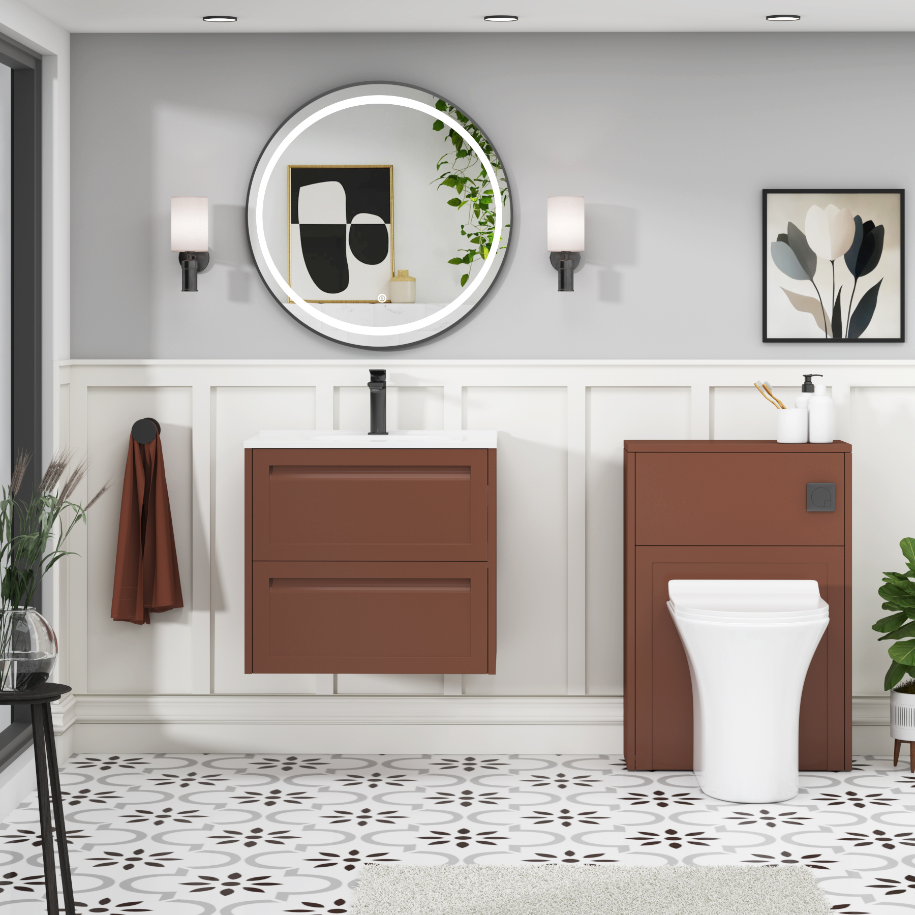 Elmore Terracotta Clay Traditional 2 Drawer Wall Hung Vanity Unit with Ceramic Basin